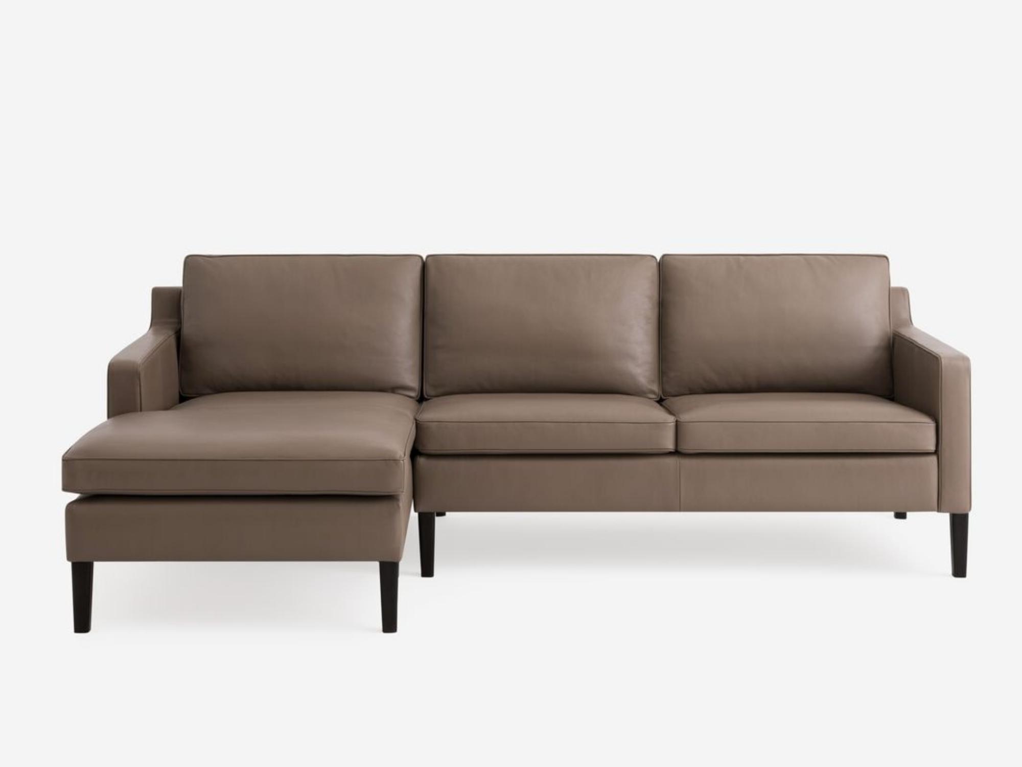 Front view of the Skye modern sectional sofa in grey leather with left hand chaise