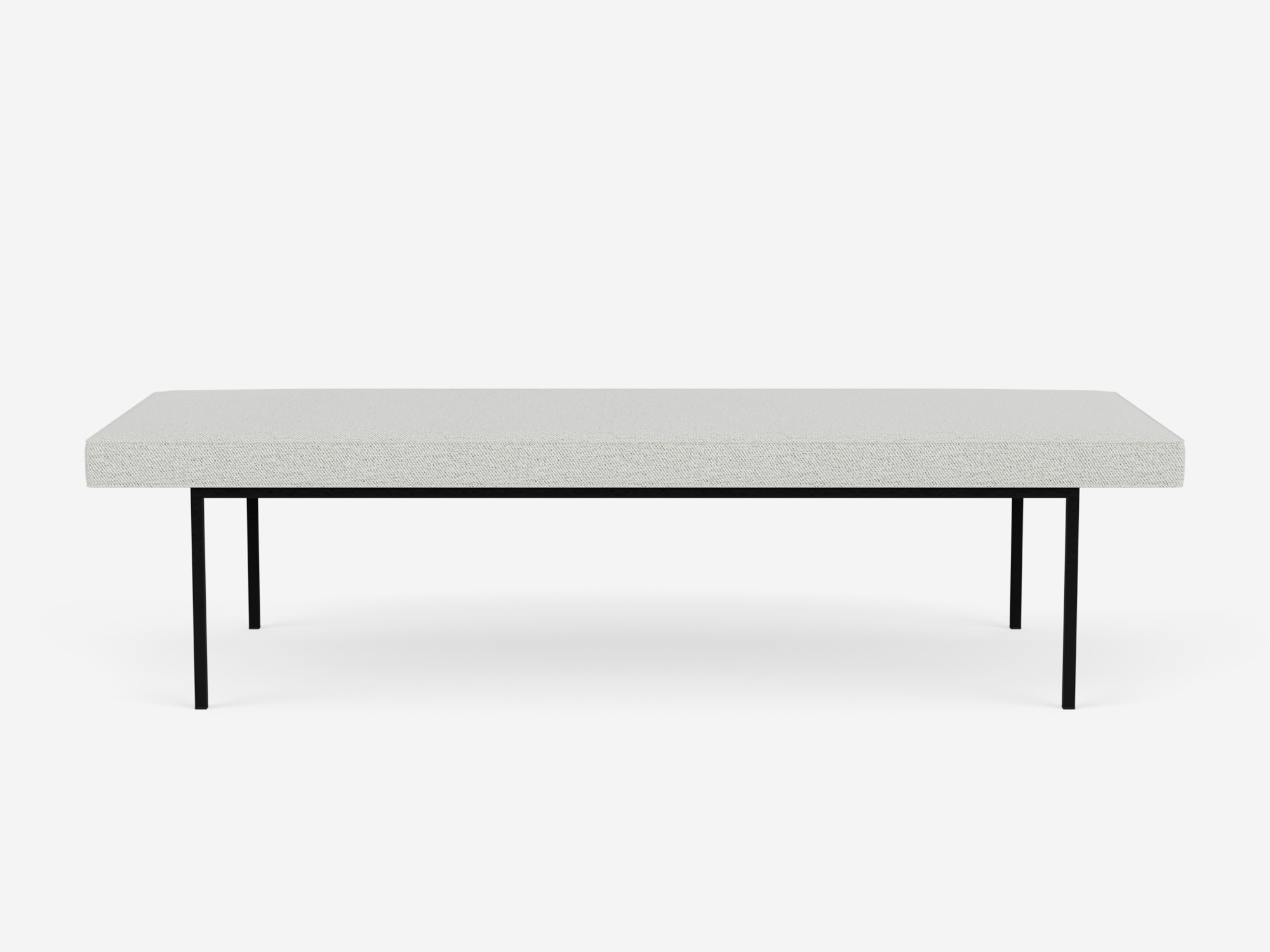 Side view of the Bank upholstered dining bench in light grey fabric