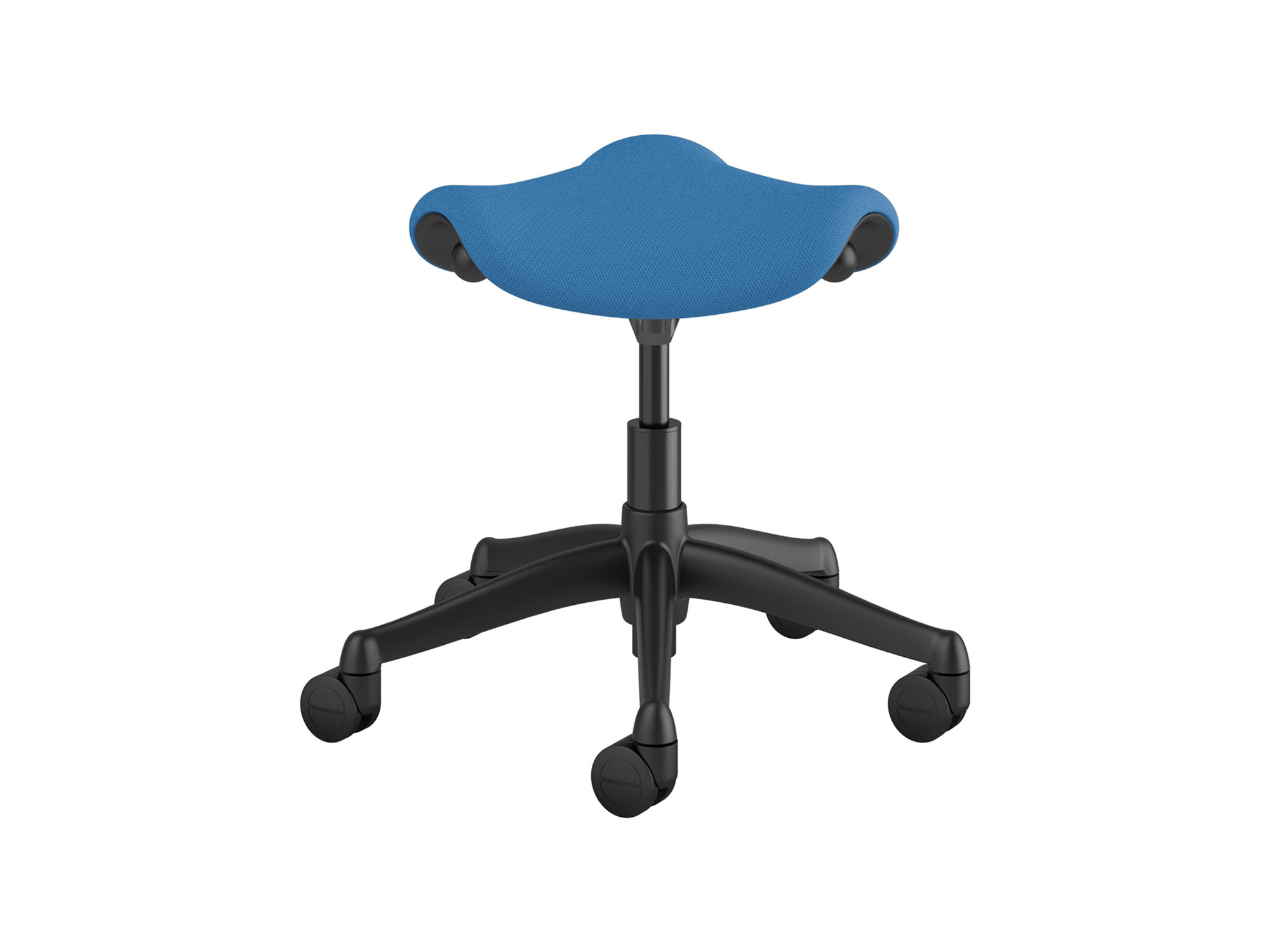 Back view of blue saddle stool