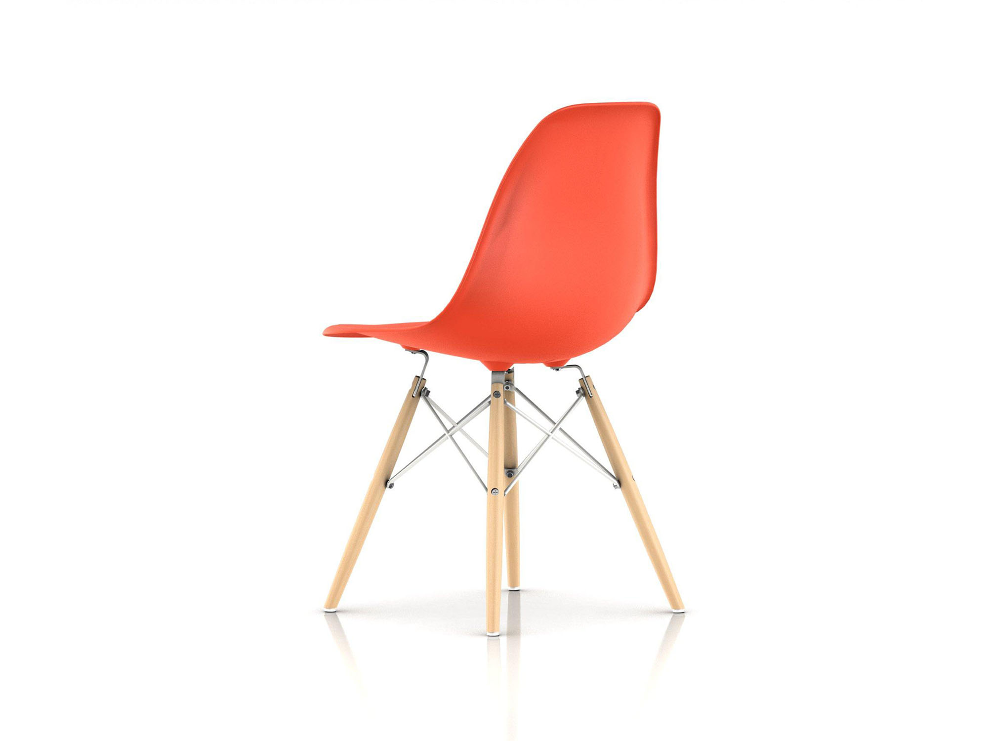 Back angle view of orange chair with oak dowels and steel wire