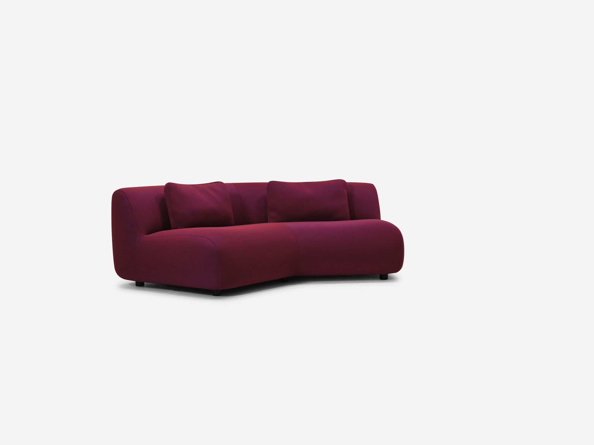 Front left angle view of red purple curved sofa