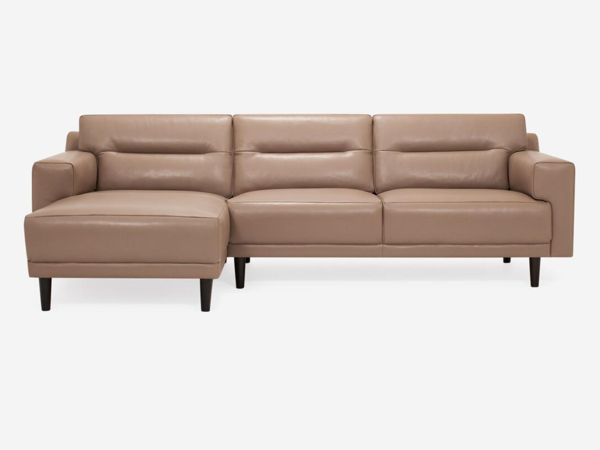 Front view of the Remi 101" modern sectional sofa with horizontal pull in beige leather