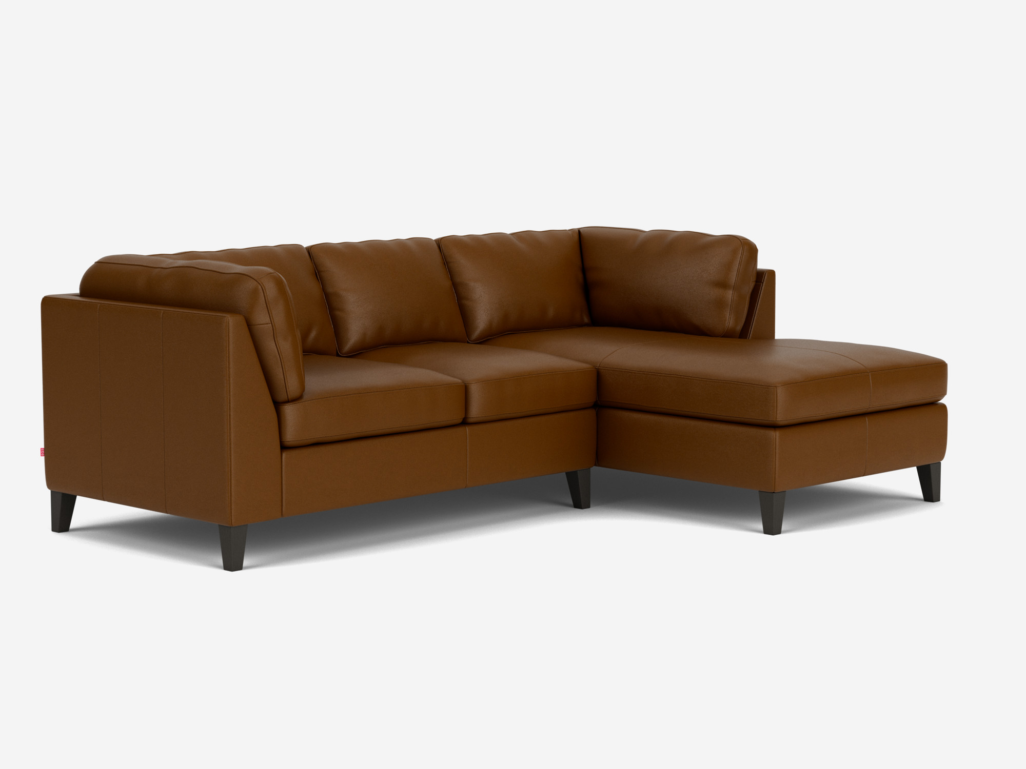 Corner view of the Salema modern sectional couch in brown leather