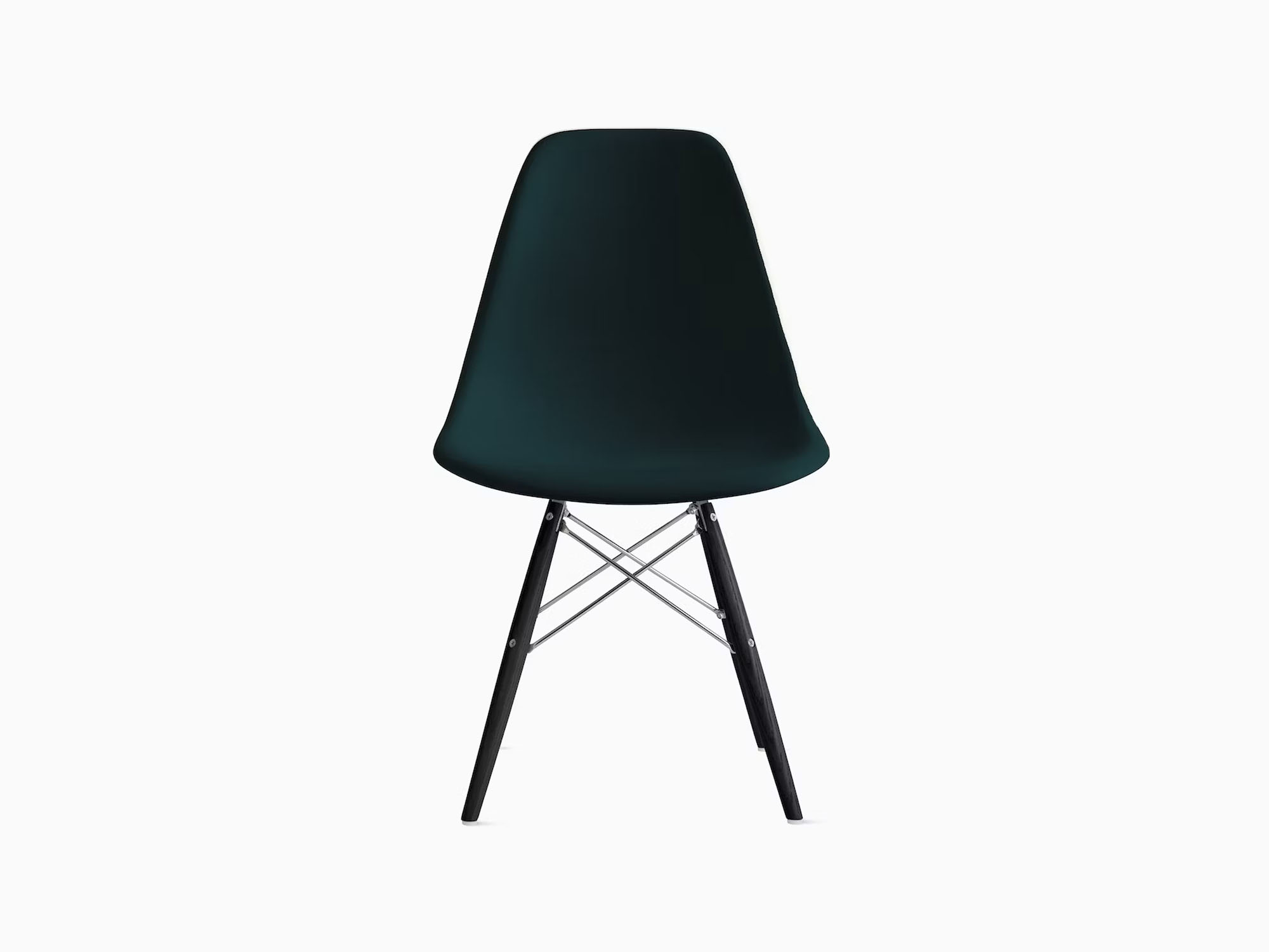 Front view of navy plastic chair with black dowels