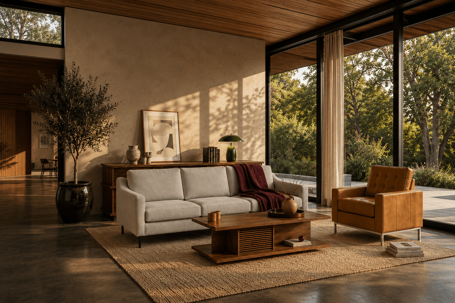A light grey fabric sofa is shown in a open space living room. Link to select upholstery sale page