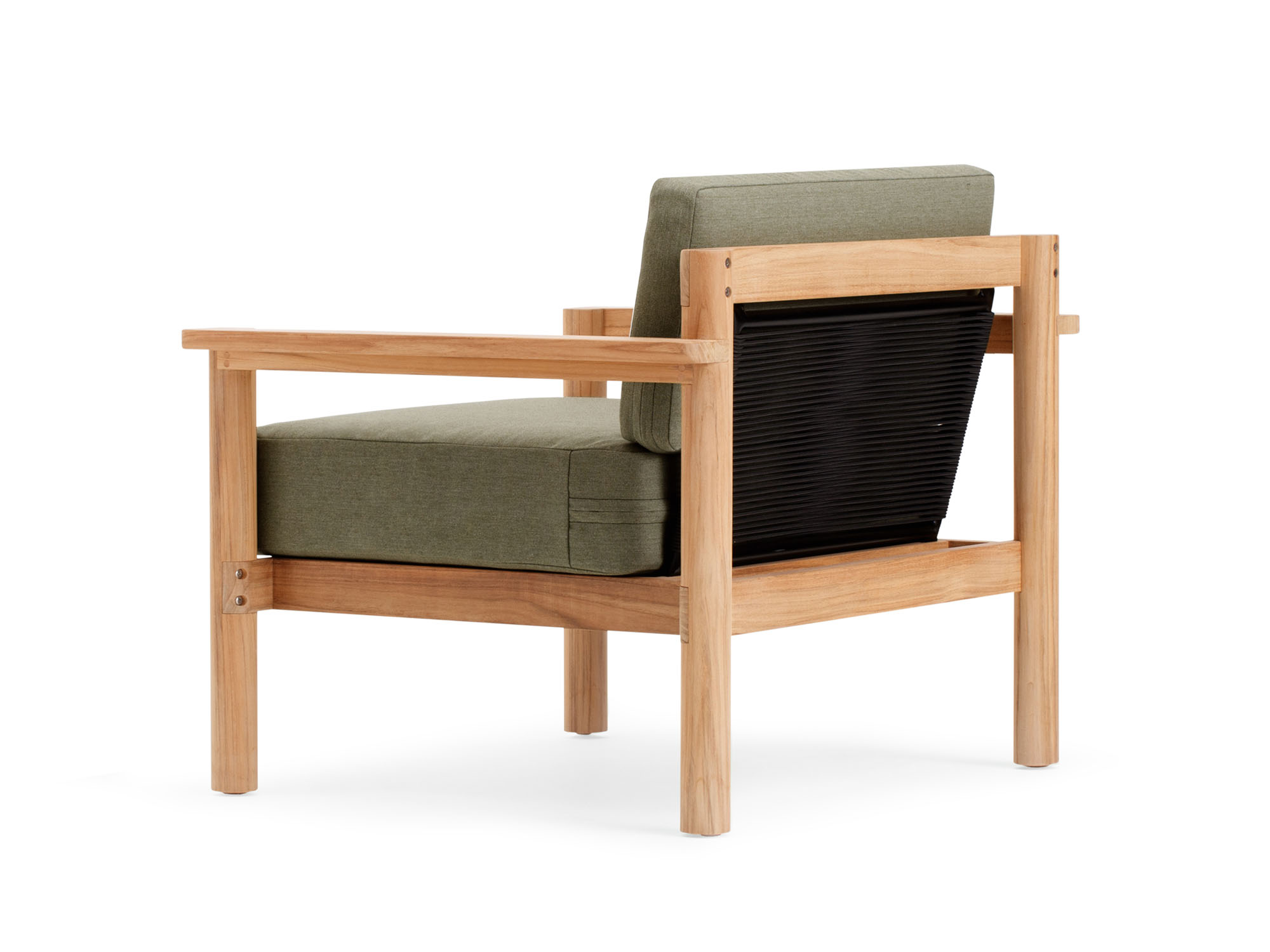 Back angle view of outdoor chair with green cushions and wood legs