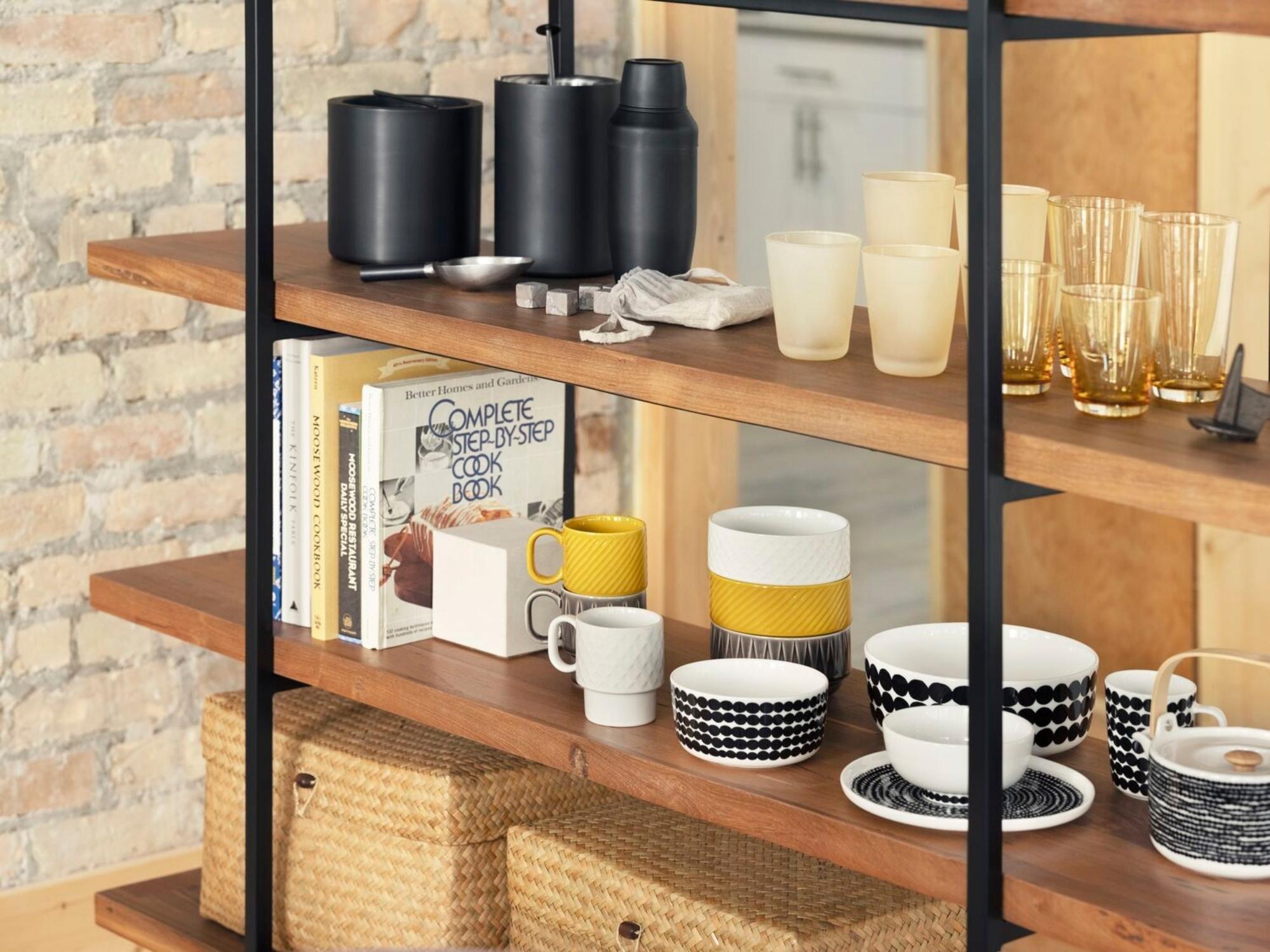 Matte black ice scoop on reclaimed teak open shelving unit