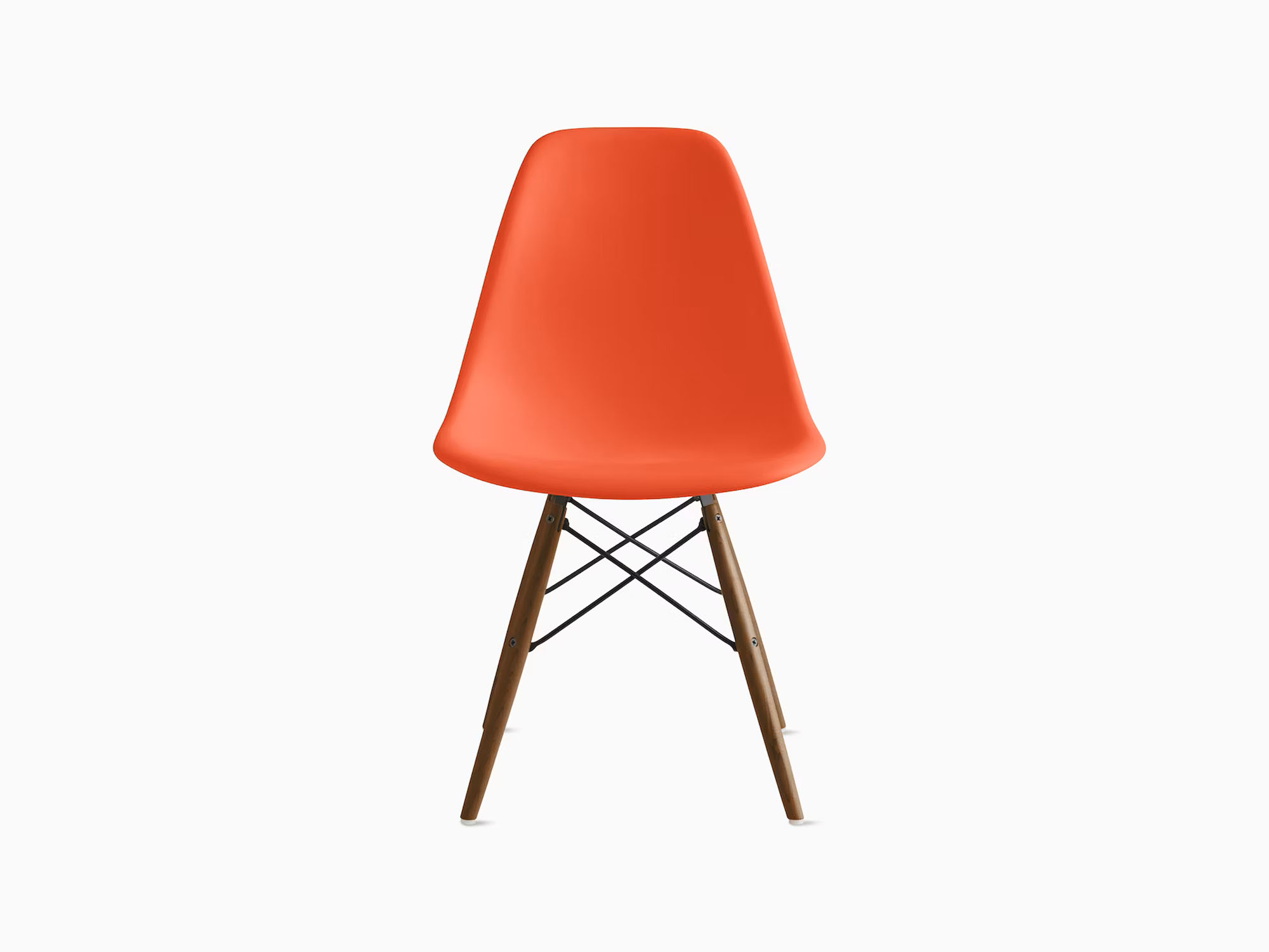 Front view of orange chair with maple dowels