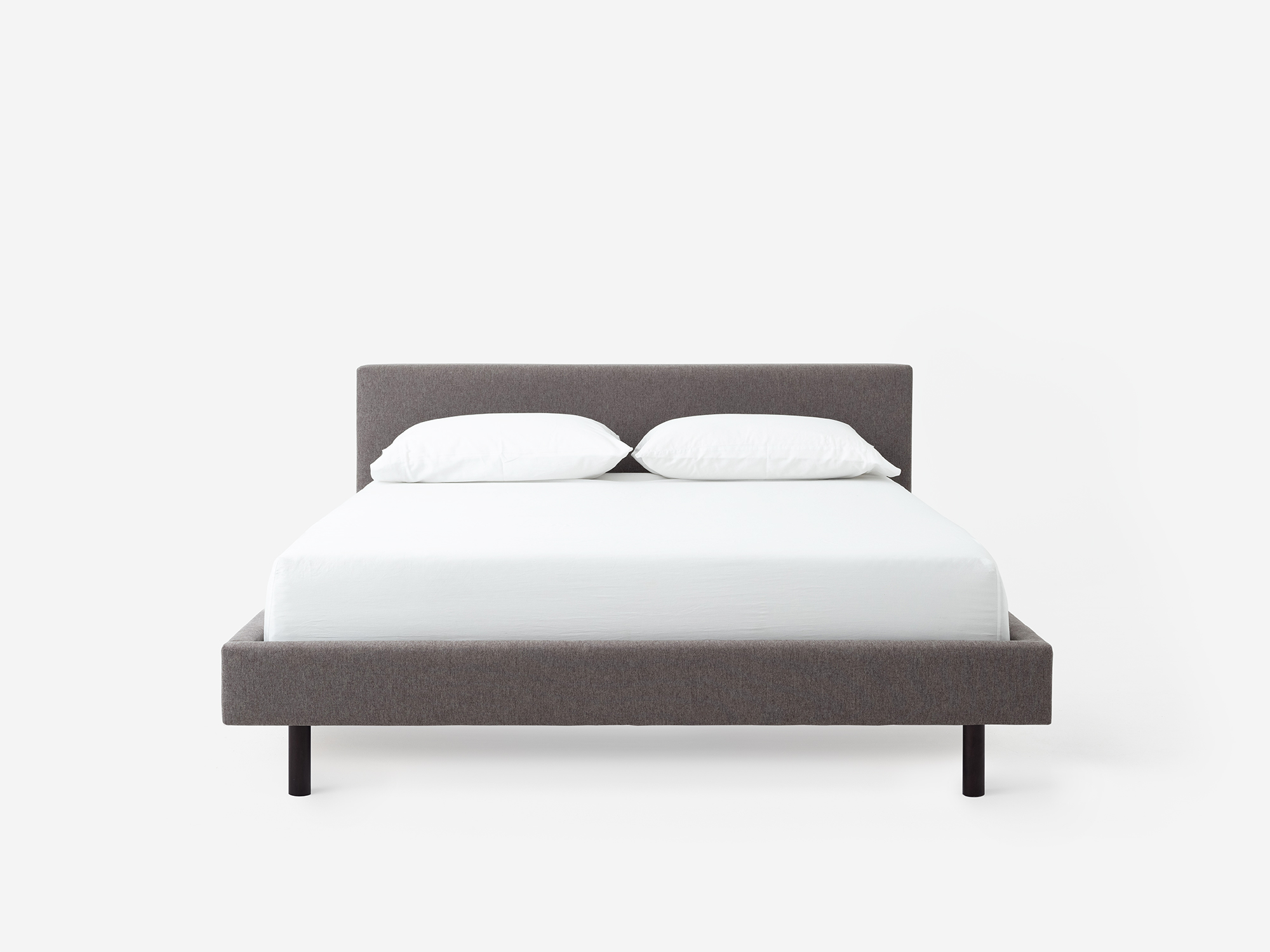 Front view of the Bento platform bed frame in grey fabric