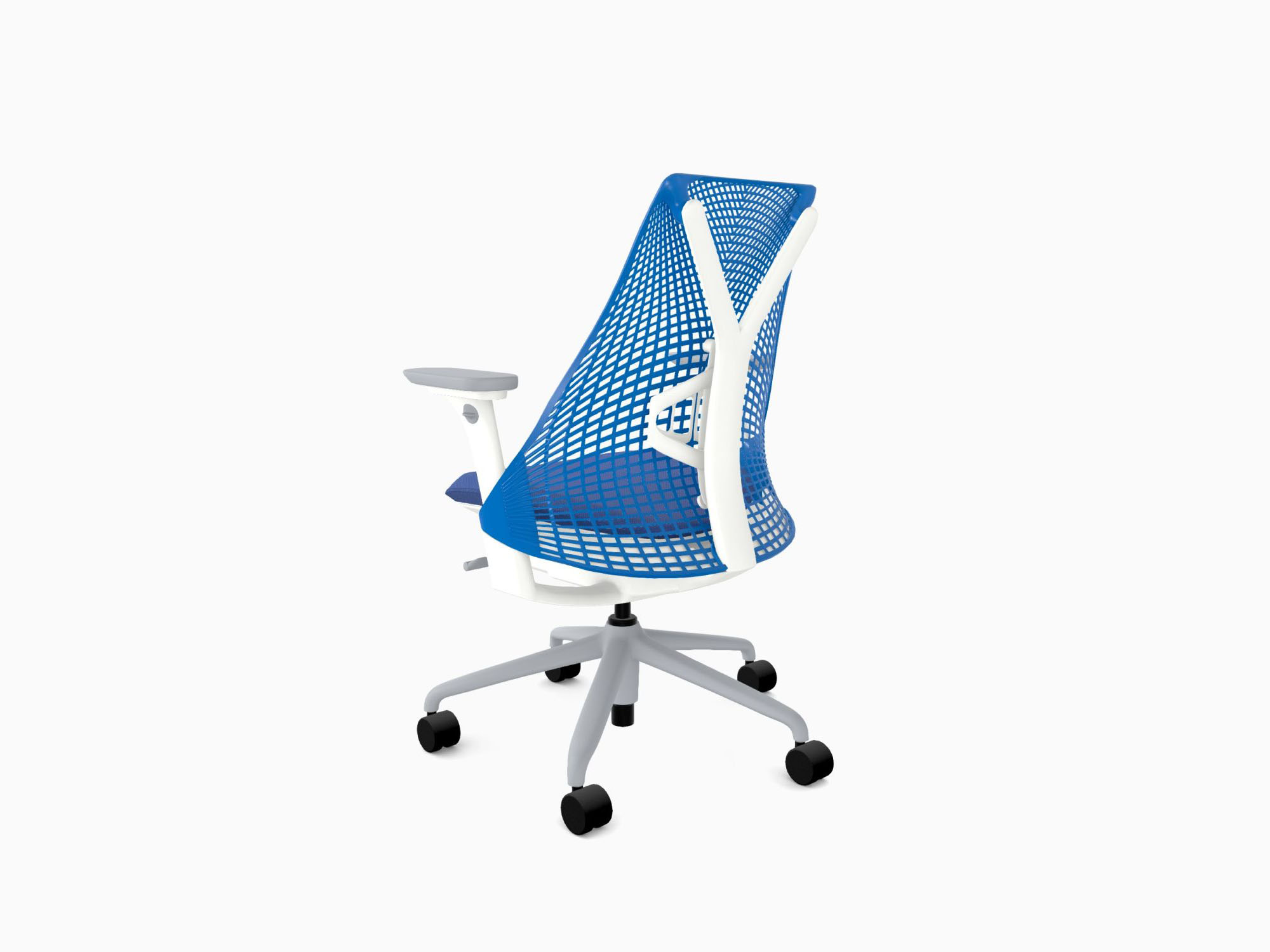 Herman Miller office chair with fog base in rhythm berry blue back angle view