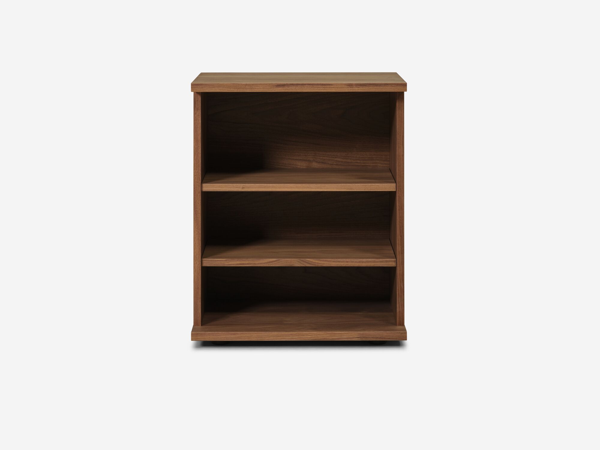 Front view of walnut bookshelf
