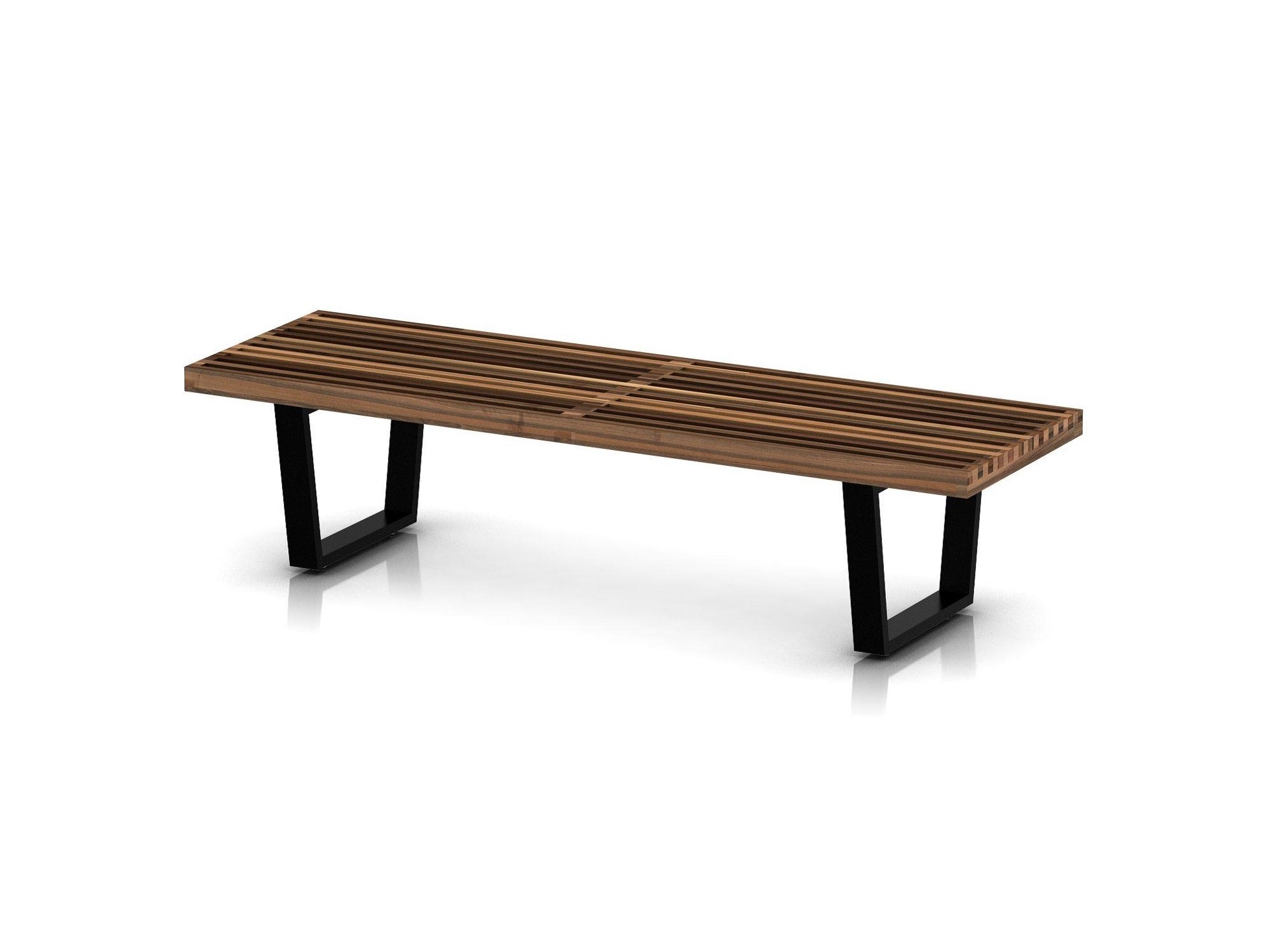 Right angle view of medium walnut bench with wood legs