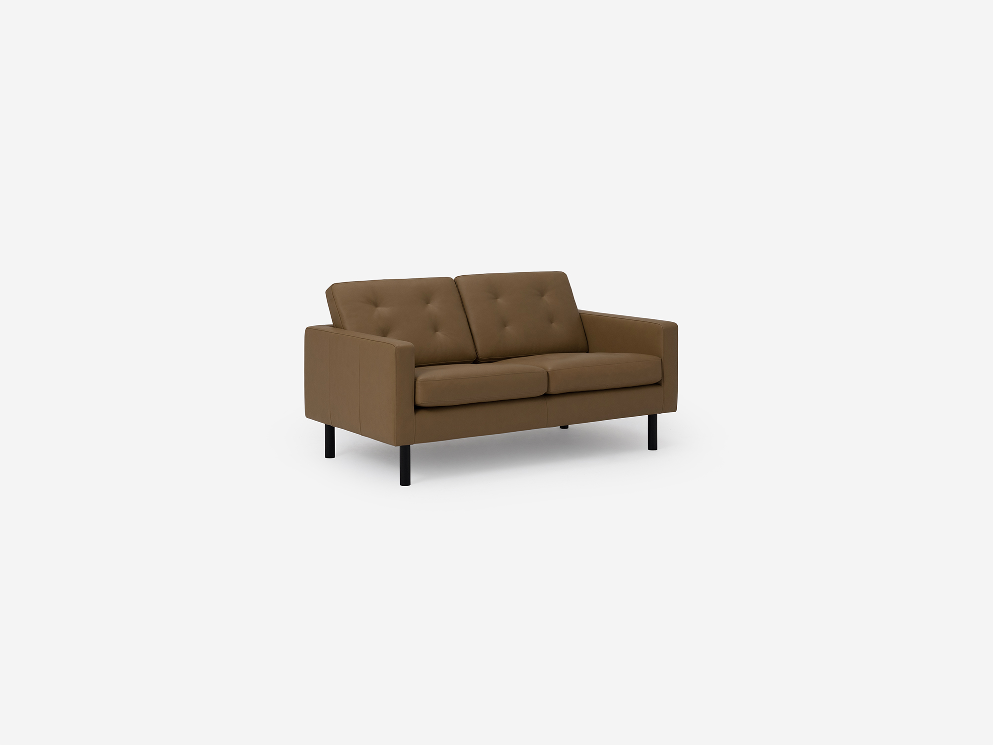 Front angle view of the Joan loveseat in brown leather
