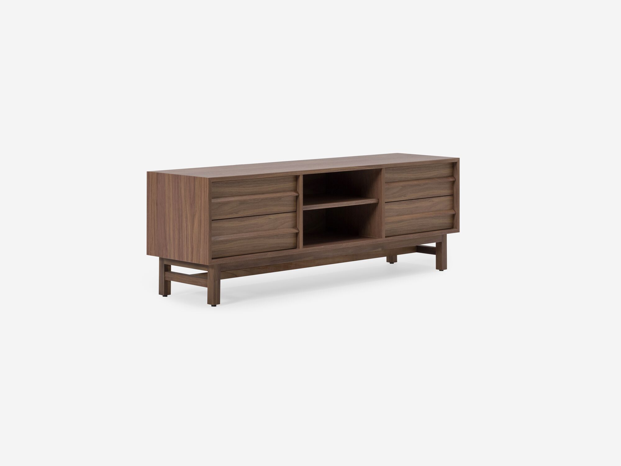 Corner view of small walnut media unit