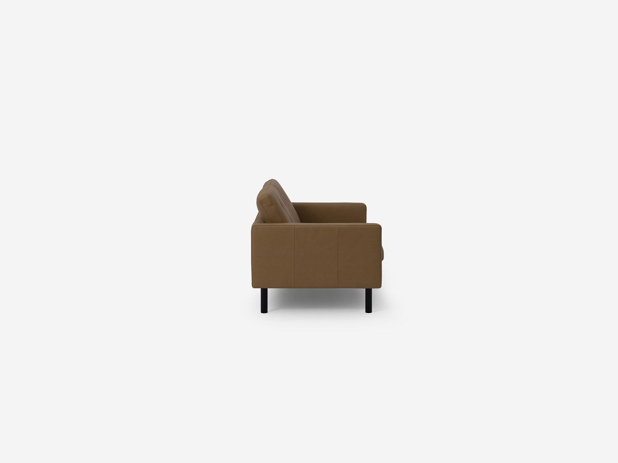 Side view of the Joan loveseat in brown leather