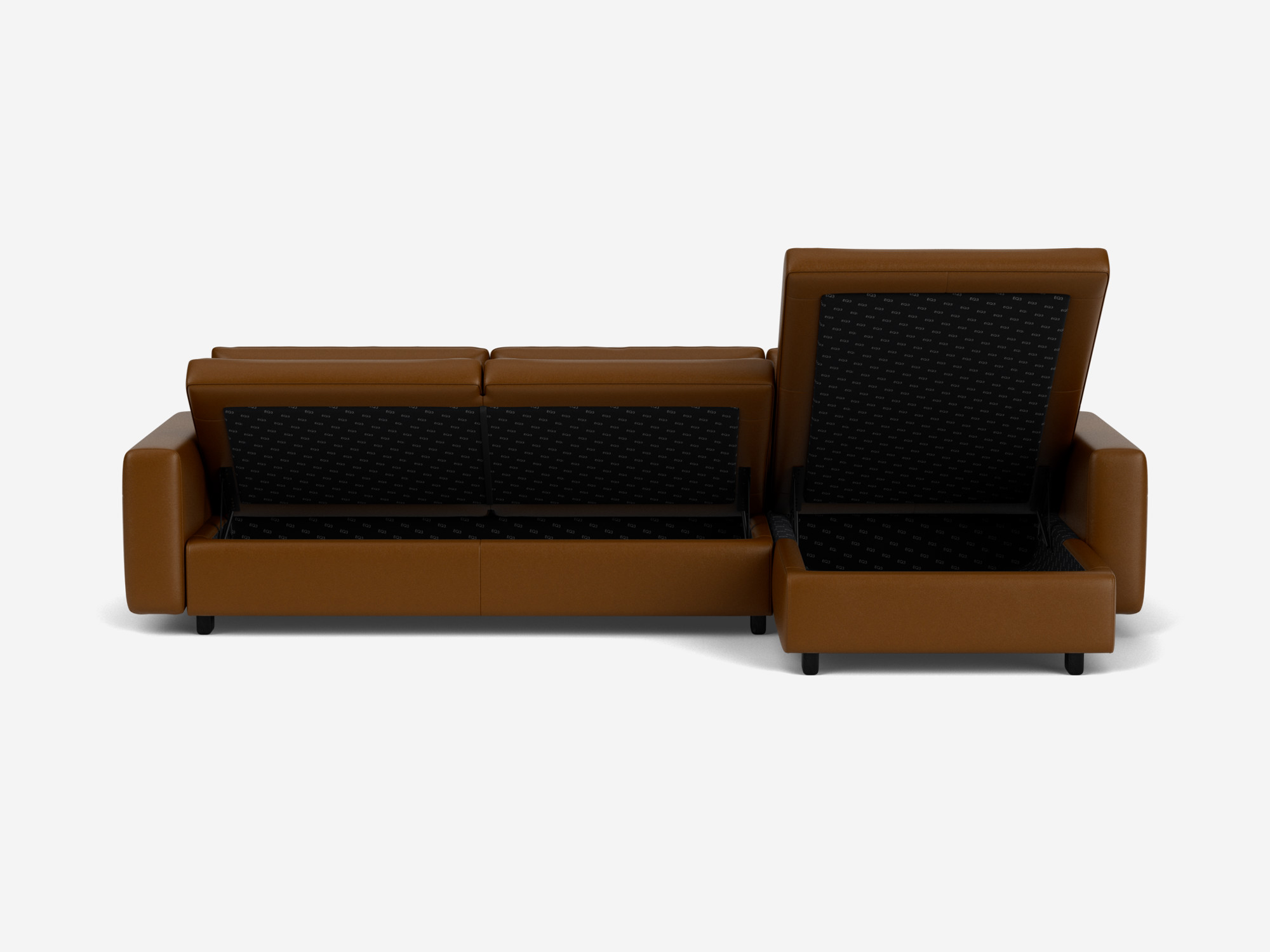 Front view of the brown leather Reva modern sectional opened with right hand facing chaise