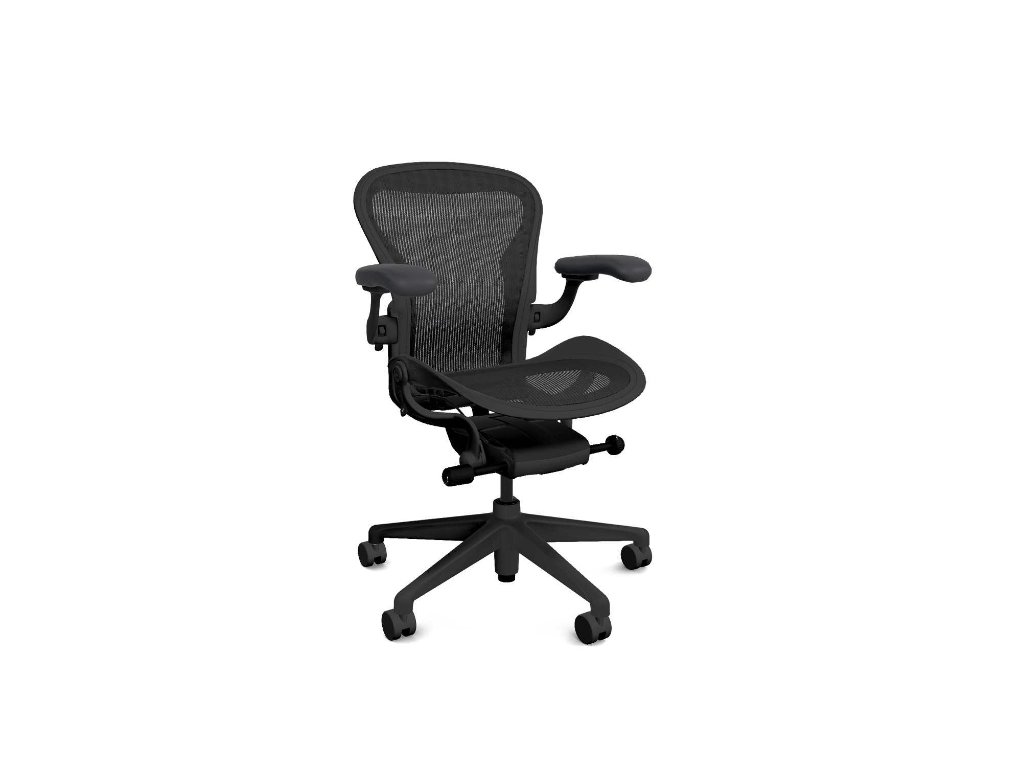 Front right corner view of the Aeron basic Herman Miller office chair in onyx with onyx base