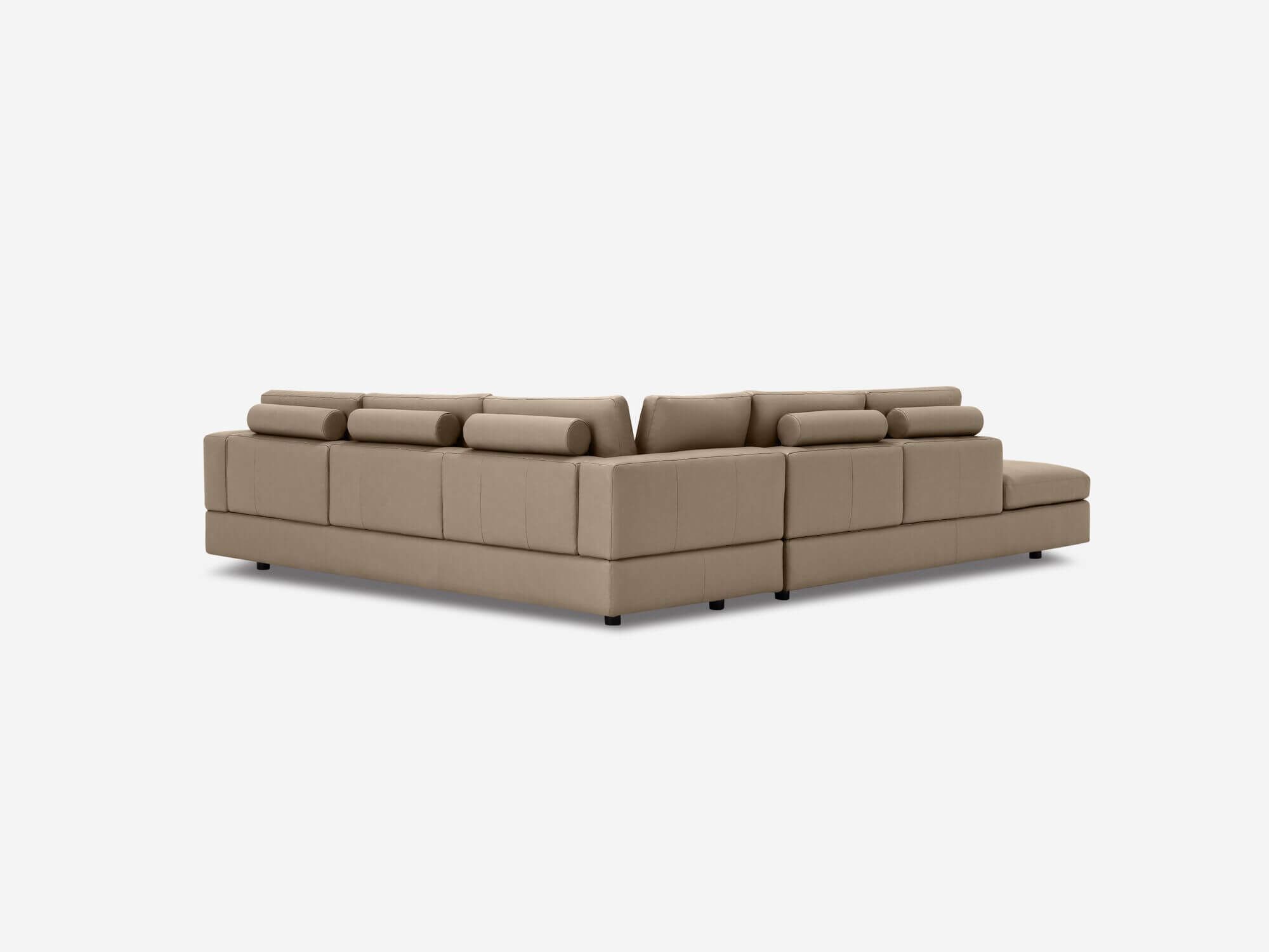 Back angle view of taupe leather sectional sofa