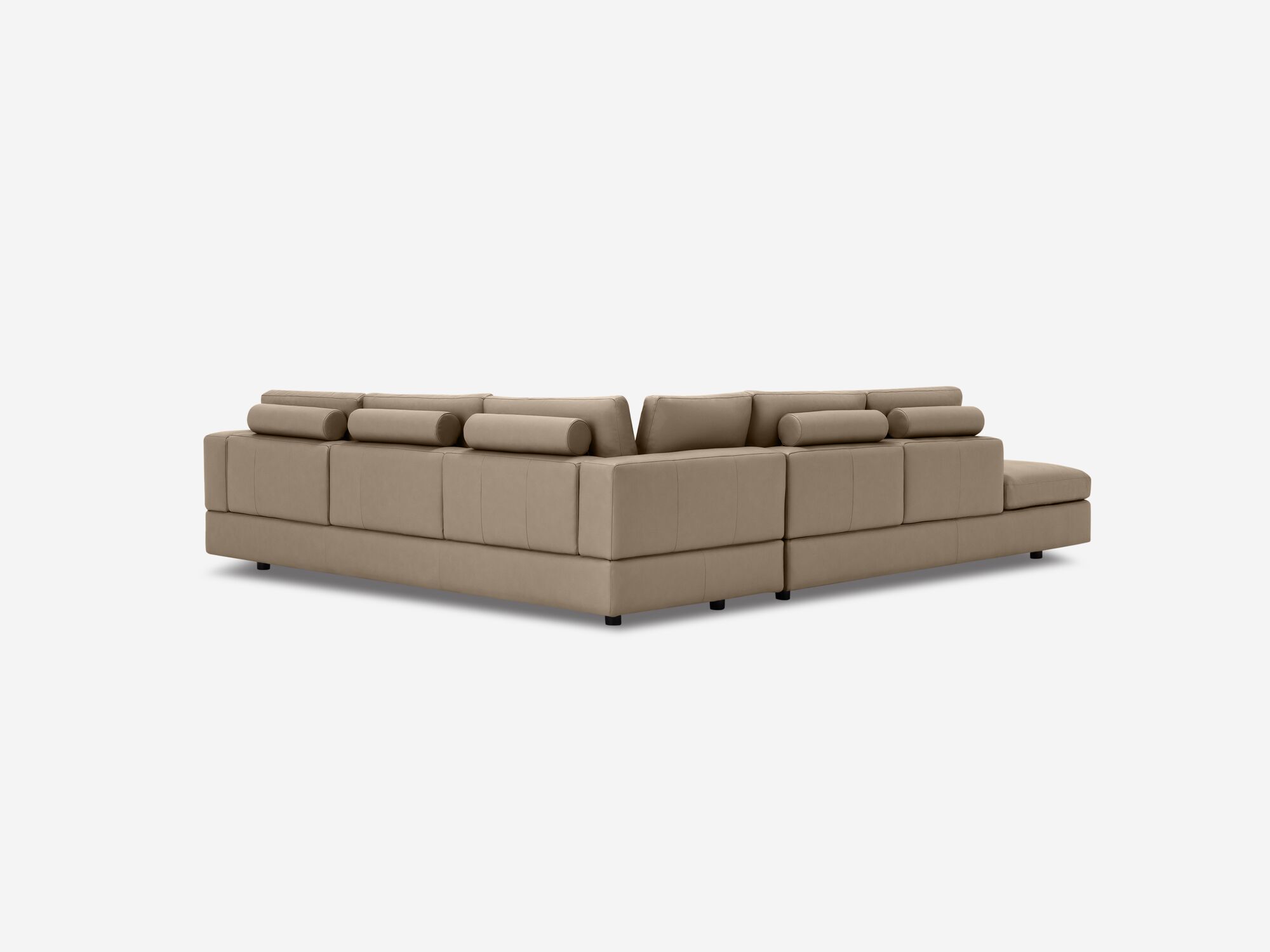 Back angle view of taupe leather sectional sofa