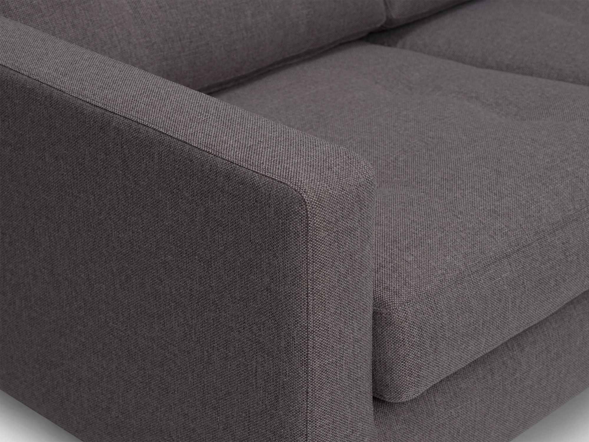 Arm detail view of the Joan loveseat in grey fabric