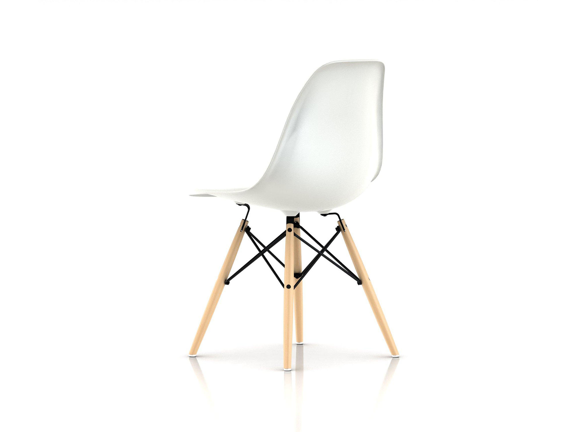 Back angle view of white chair with oak dowels and black wire