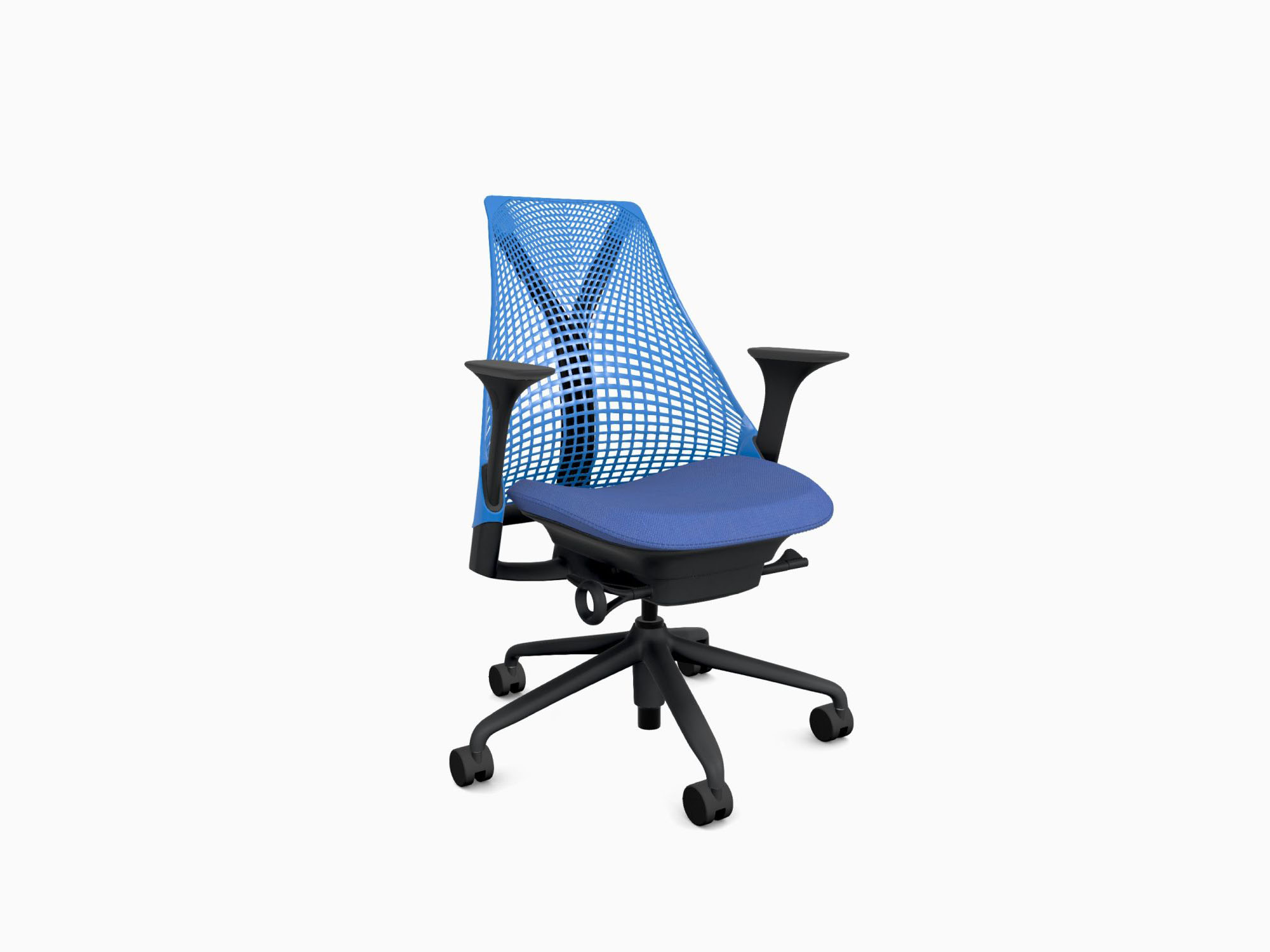 Herman Miller office chair with black base in rhythm berry blue front angle view