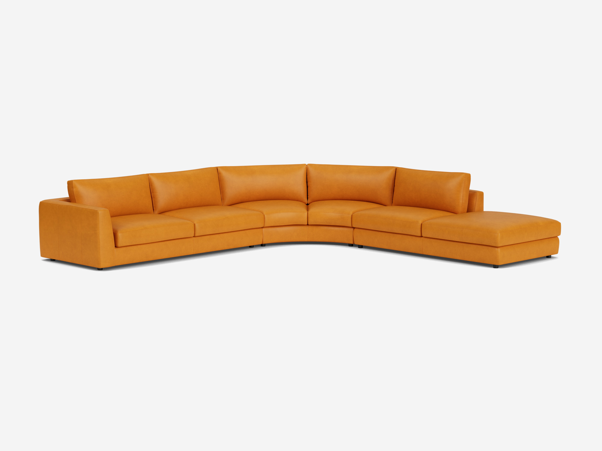 Right hand facing orange leather sectional sofa front angle view