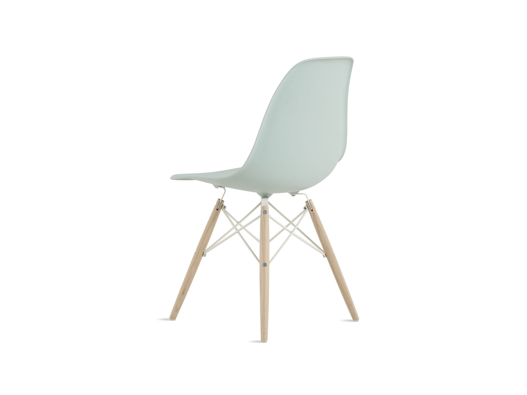 Back angle view of ice blue chair with oak dowels and steel wire