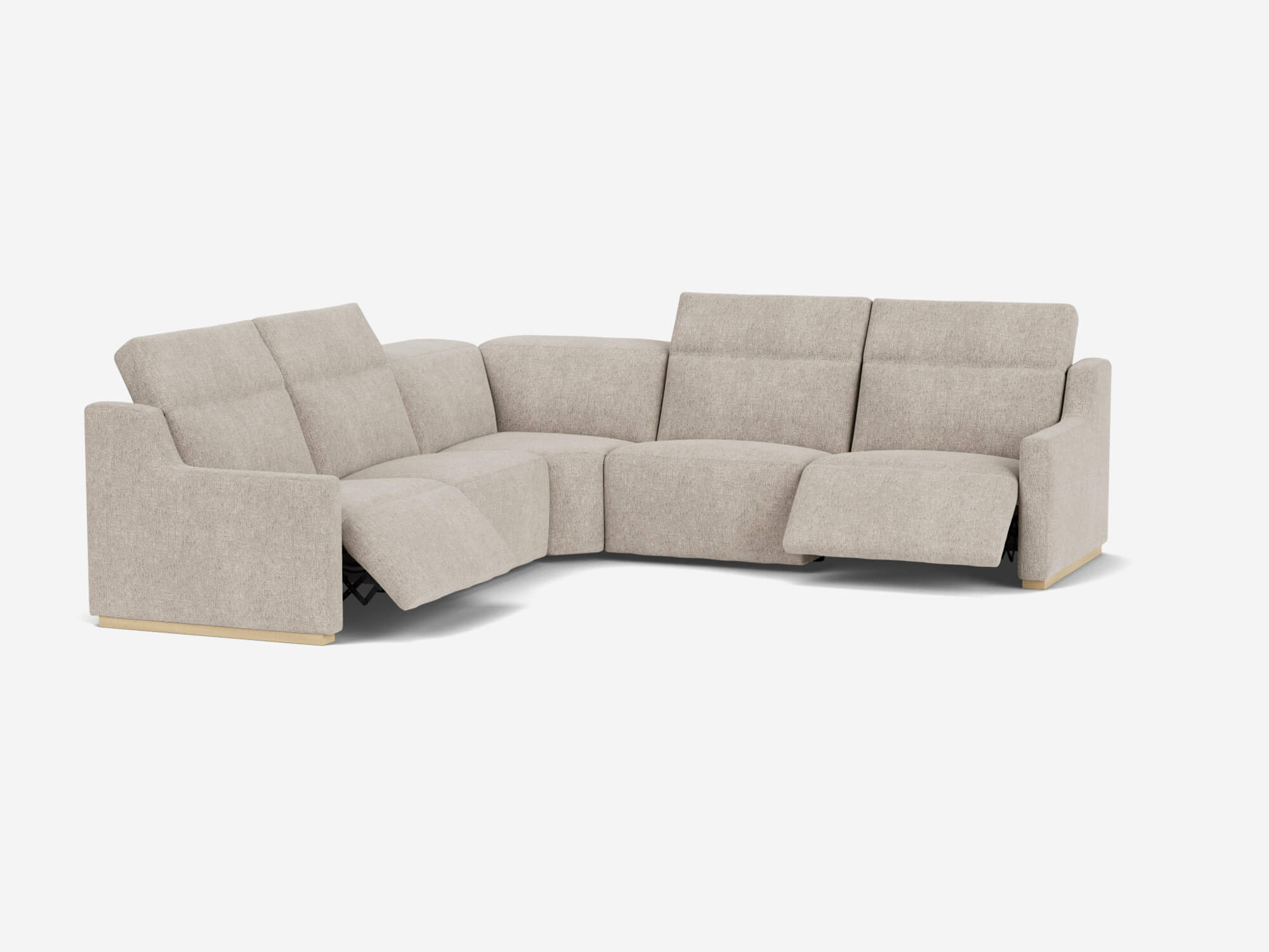 Beige reclining sectional sofa front angle view