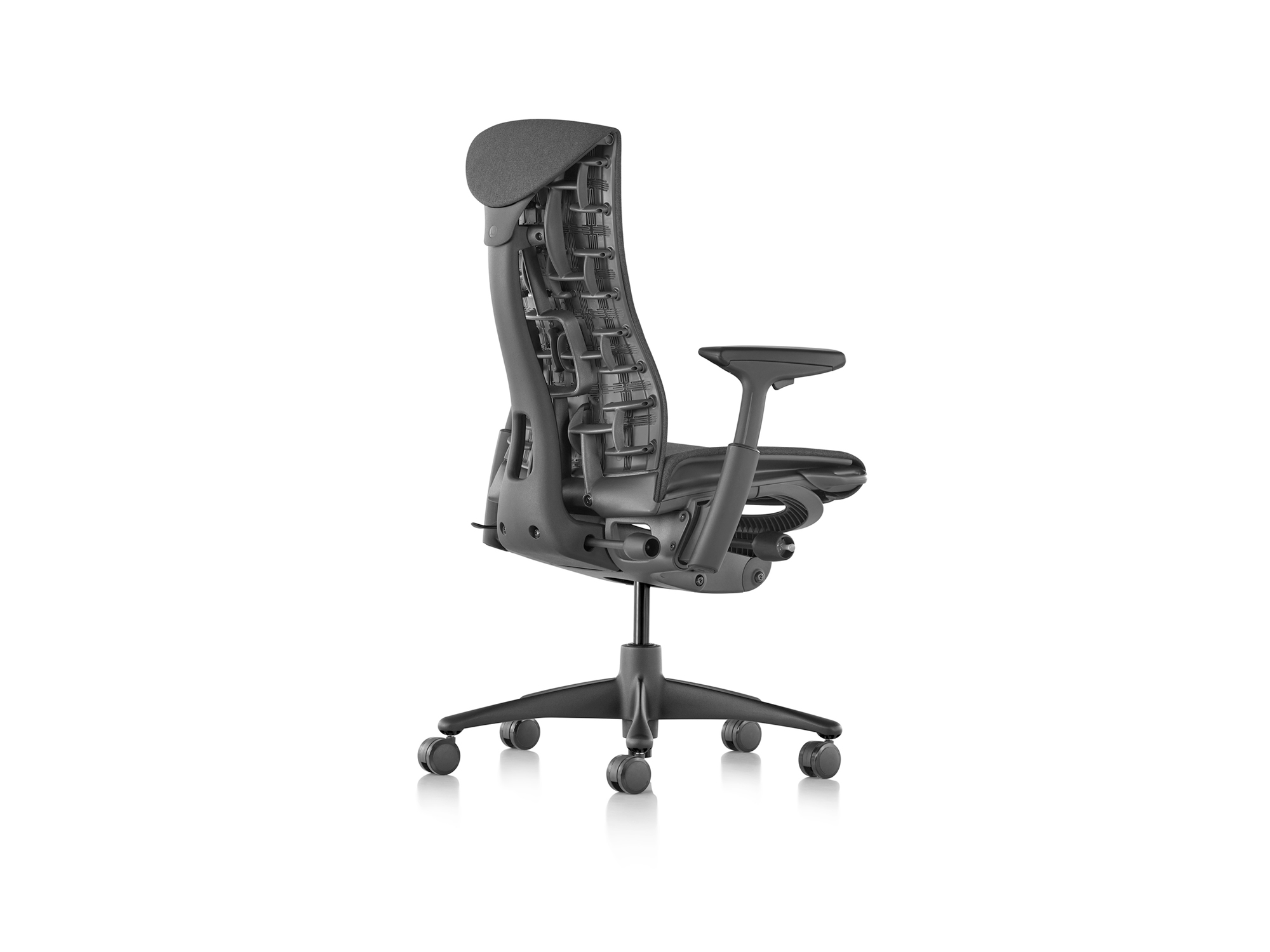 Back angle view of Herman Miller Embody office chair in Medley Cinder