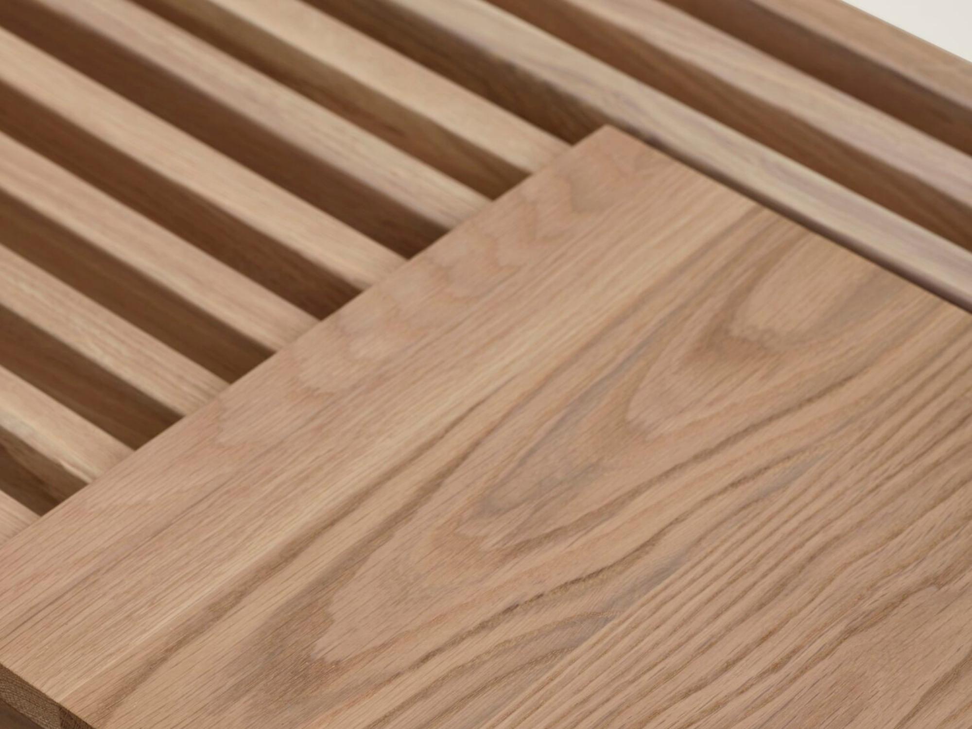 Detail view of oak tray on matching slatted coffee table