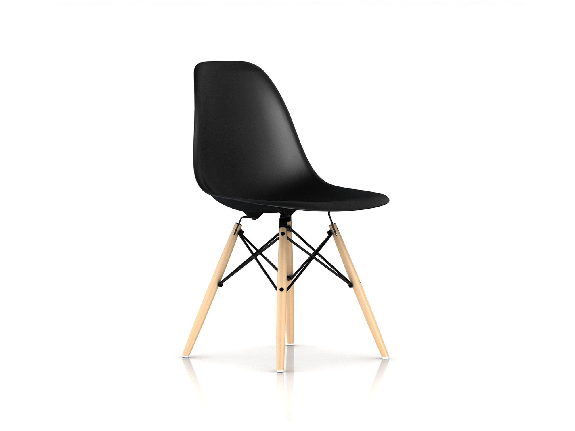 Front angle view of black chair with oak dowels and black wire