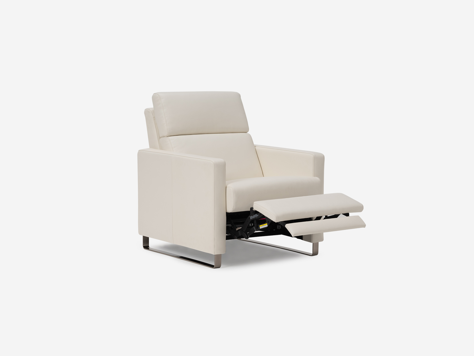 Angled view of the Lawrence recliner chair in white leather partially reclined