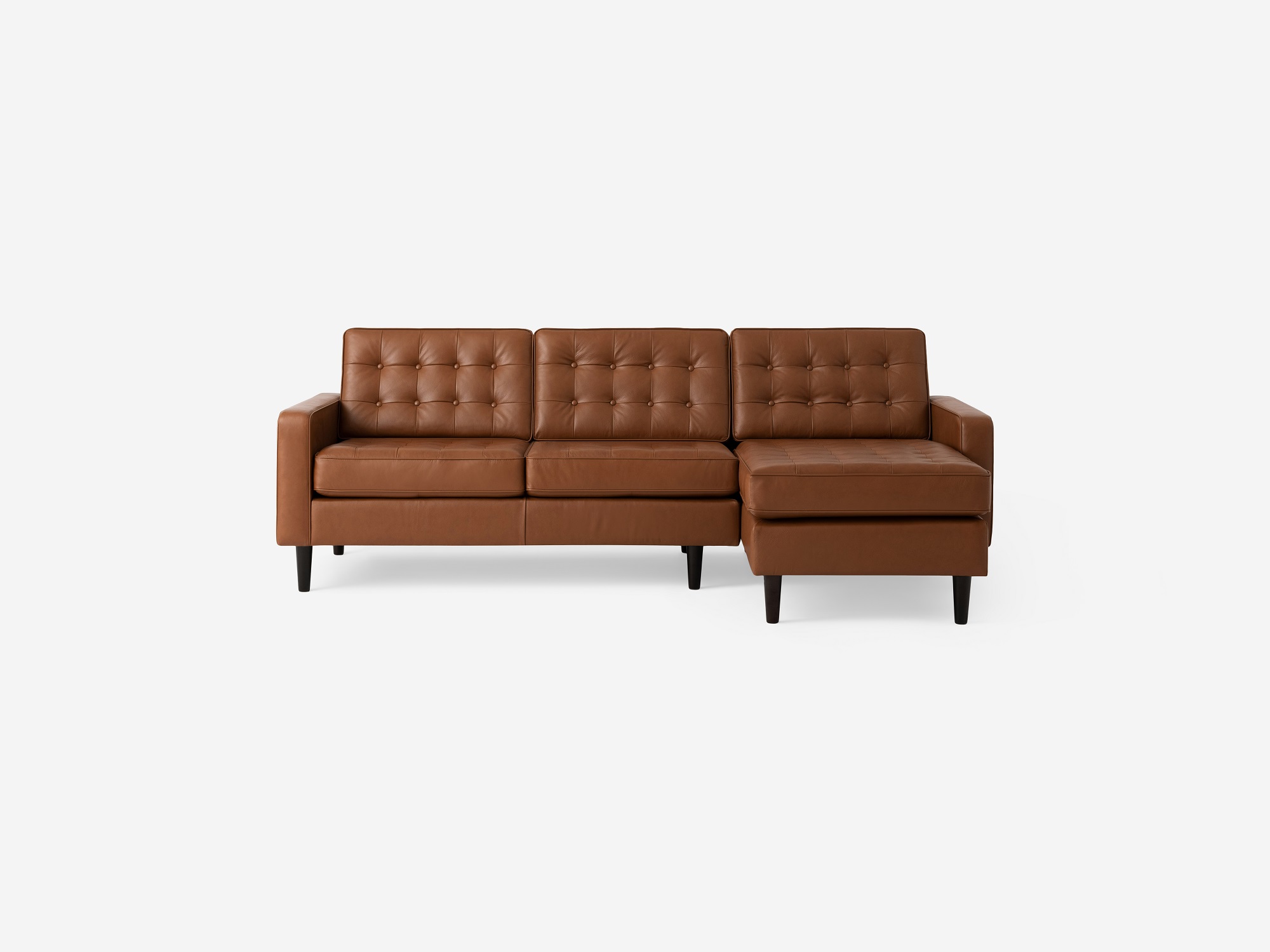 Front view of the  Reverie m-d-century sectional sleeper sofa in brown leather