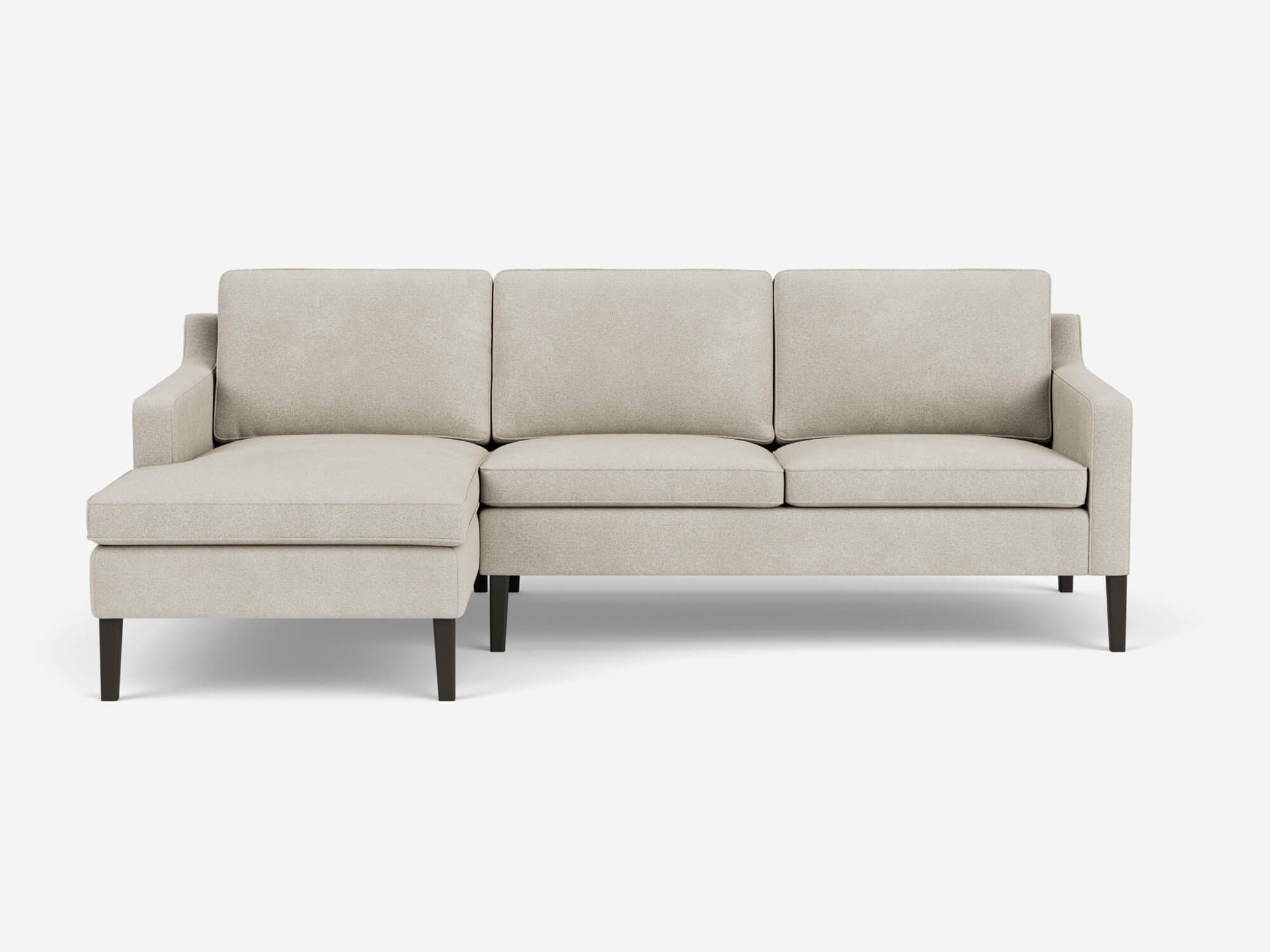 Front view of the Skye modern sectional sofa in grey fabric with left hand chaise