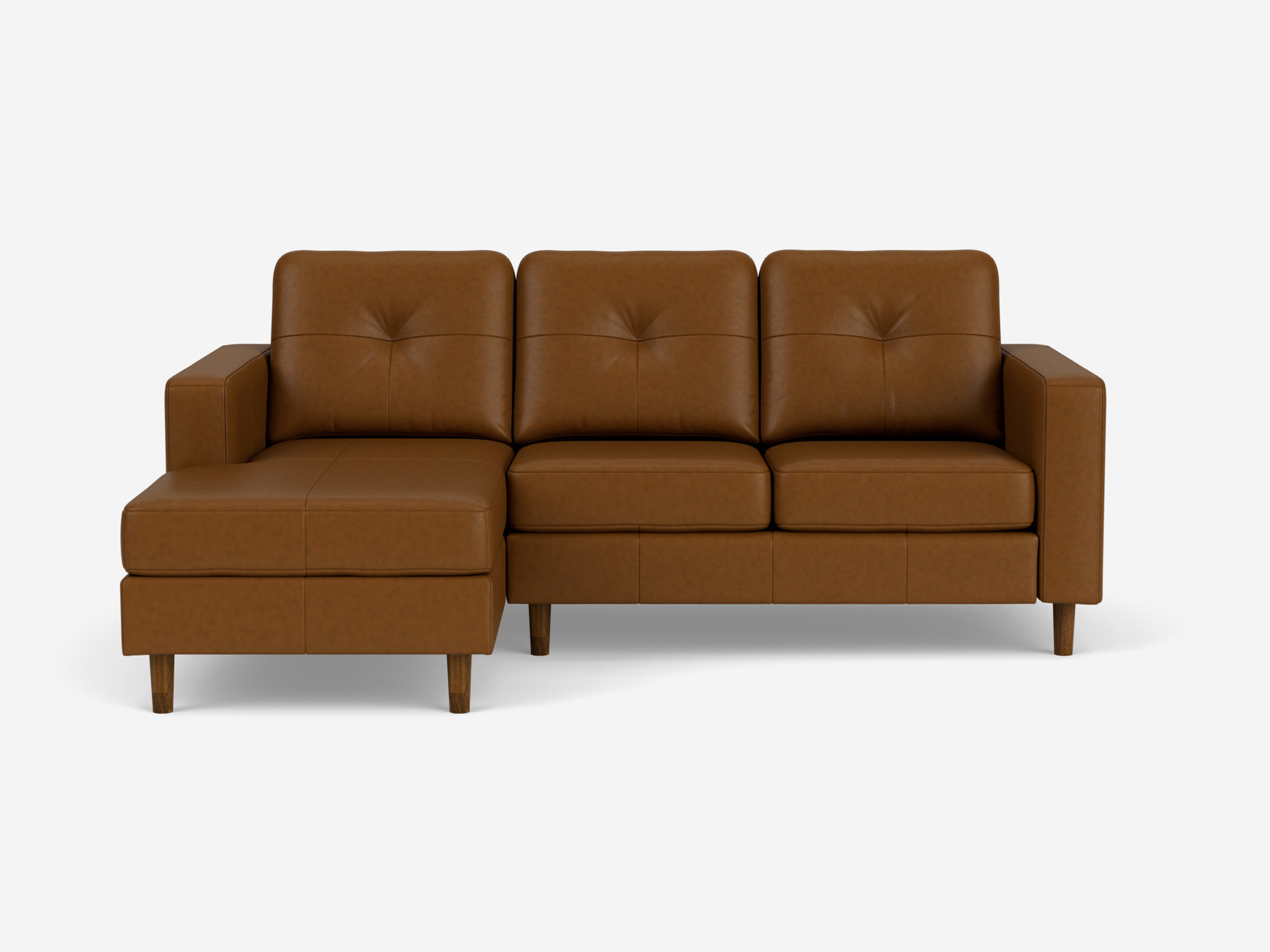 front view of the Solo l shape sofa in brown leather left hand facing chaise