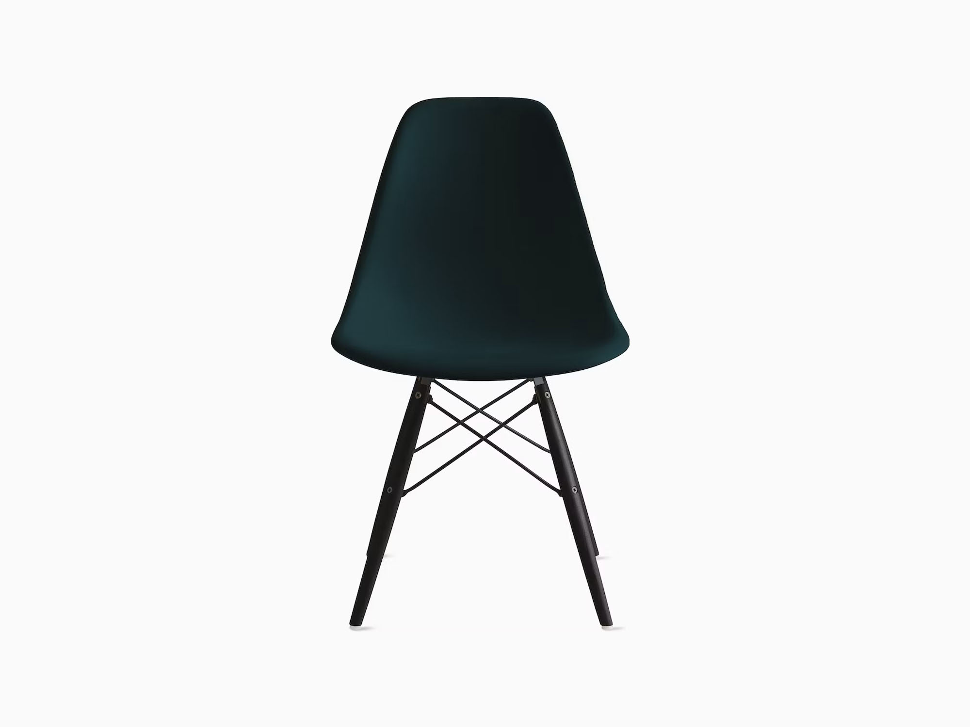 Front view of navy plastic chair with ebony dowels