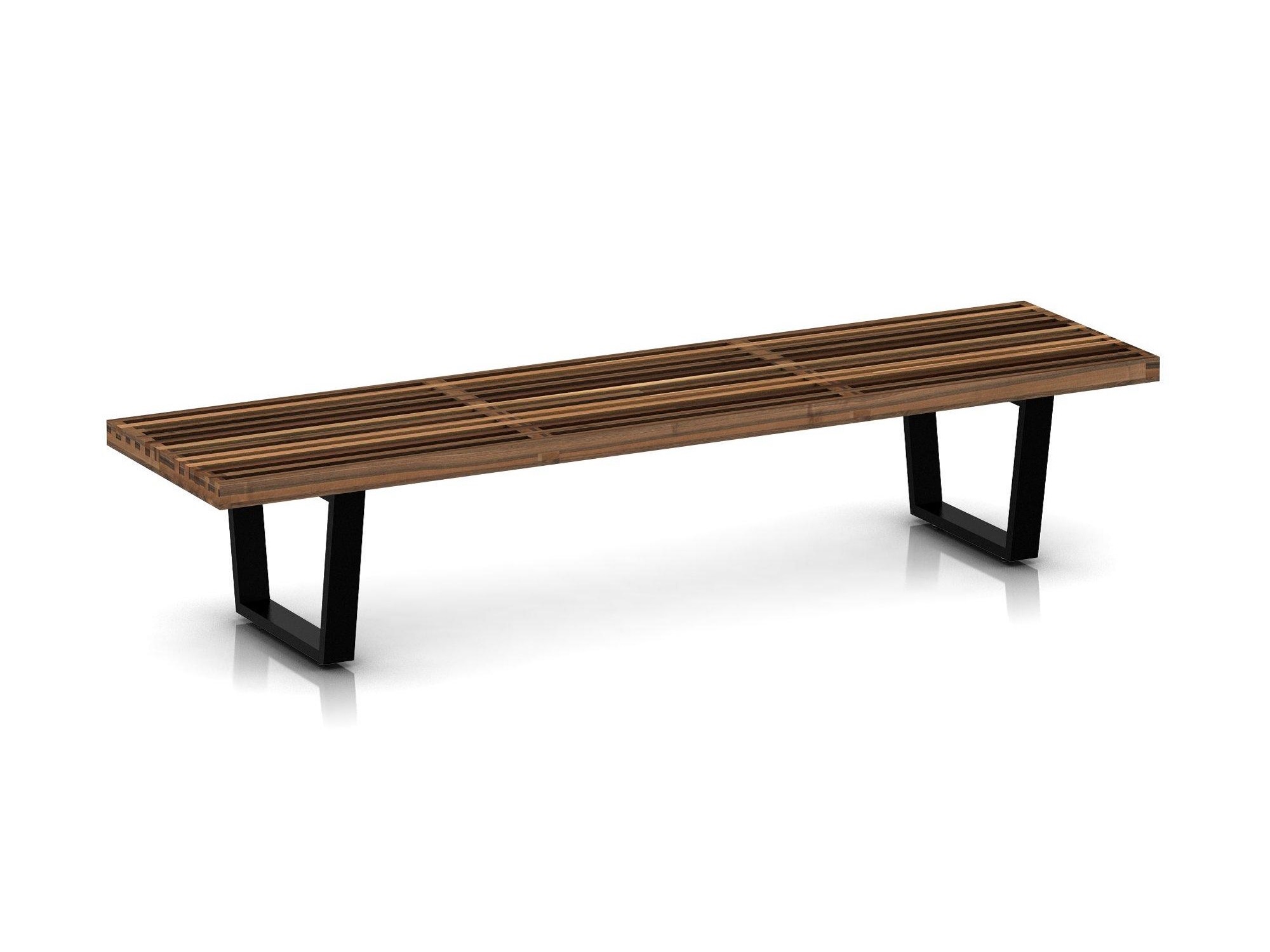 Left angle view of large walnut bench with wood legs