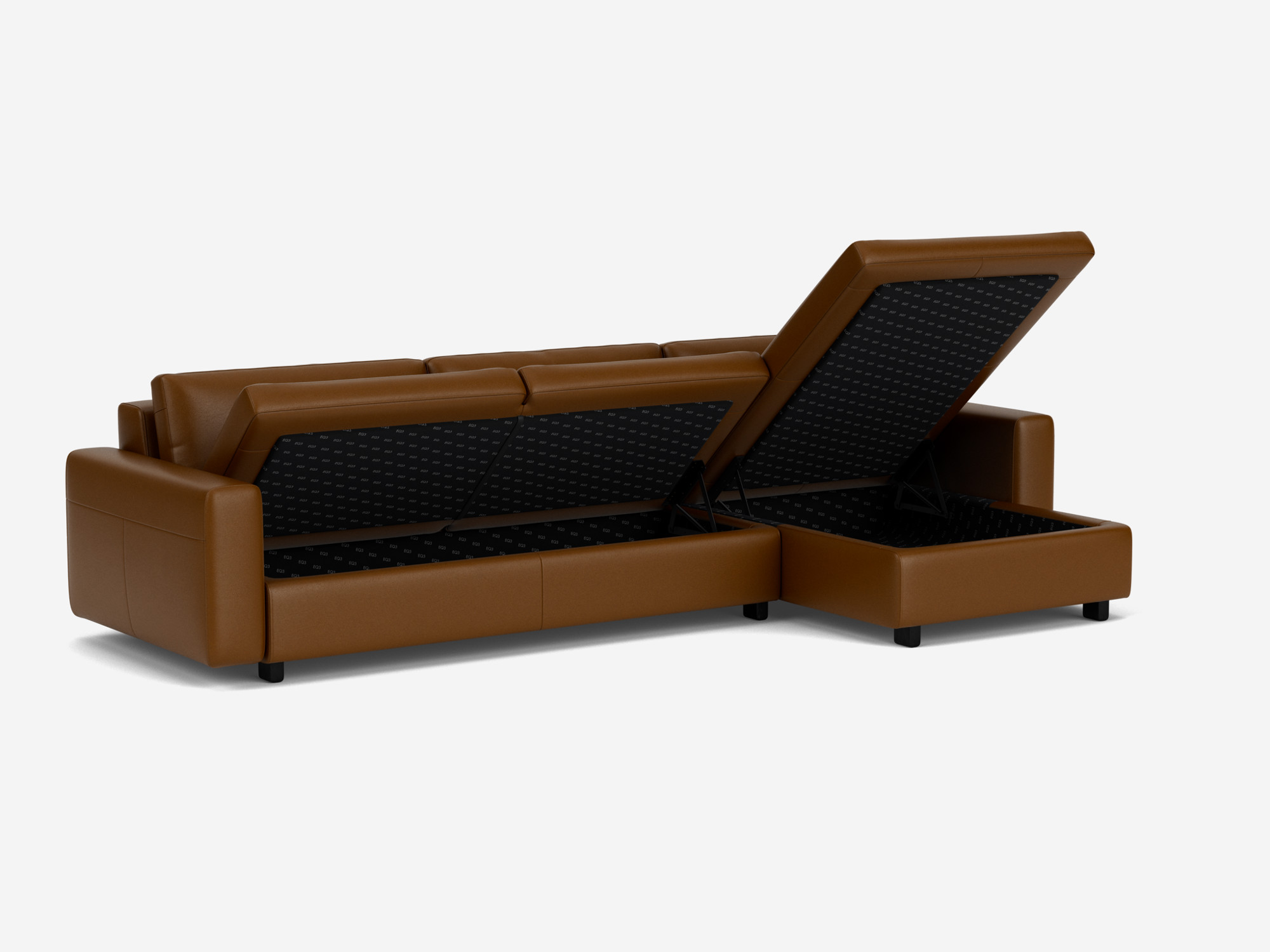 Front angled view of the brown leather Reva modern sectional opened with right hand facing chaise