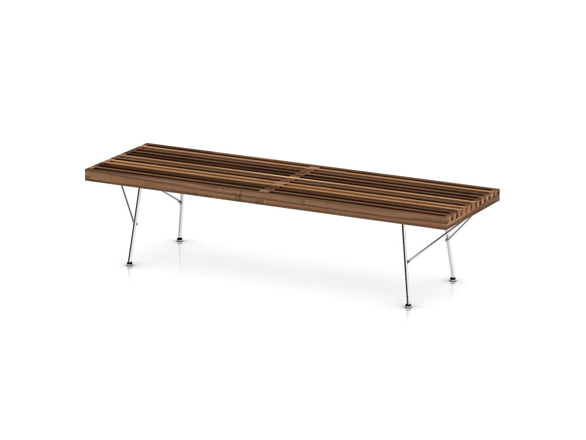 Right angle view of medium walnut bench with chrome legs