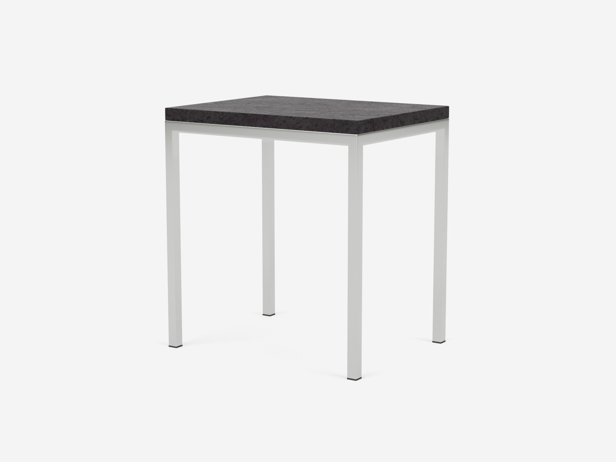 Corner view of black marble top and steel legs end table