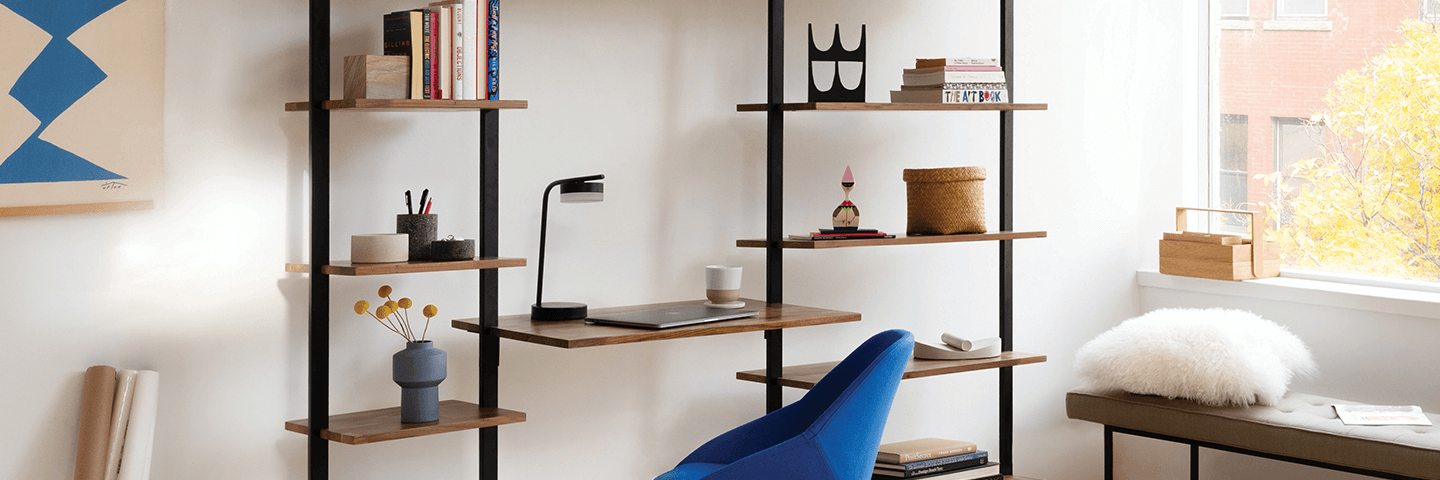 Bookshelf desk with vases and organization accessories on it