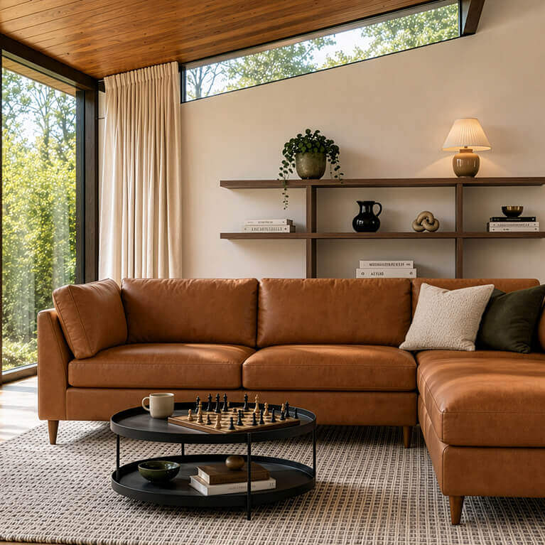 A leather sectional sofa is shown in a modern living room. Link to sectionals