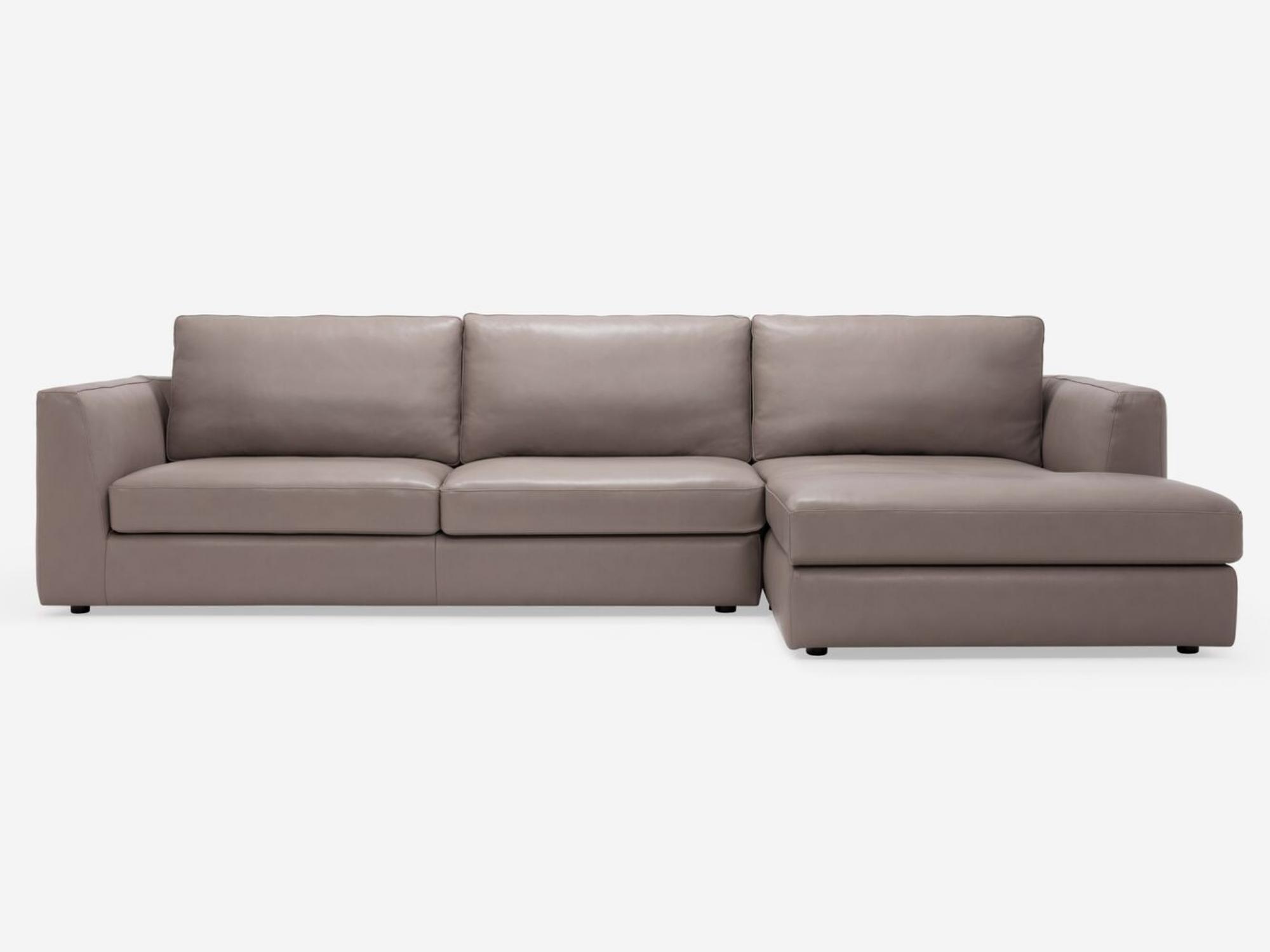 Front right view of the Cello modern sectional couch in beige leather