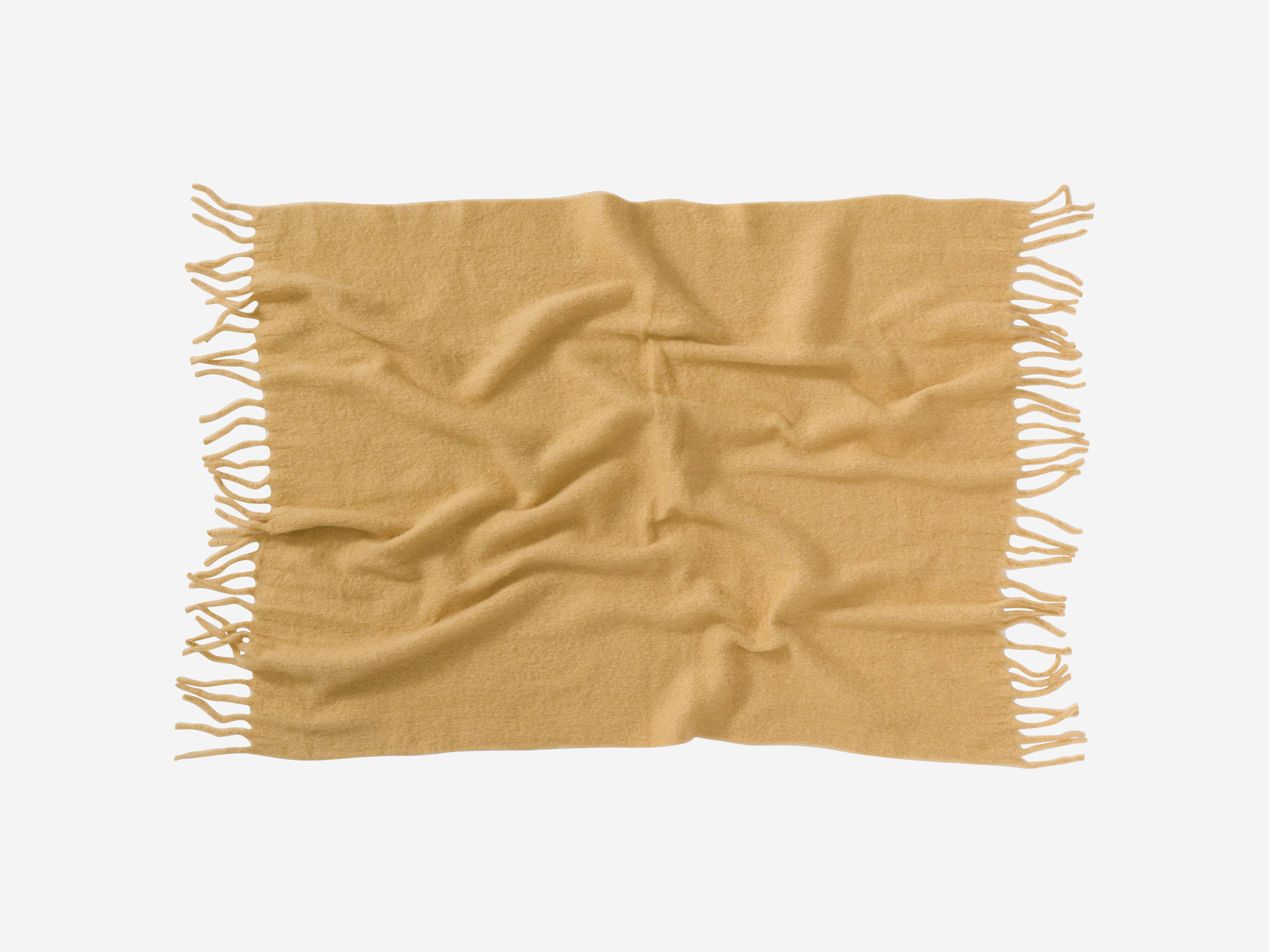 Top view of wrinkled yellow wool throw with tassels