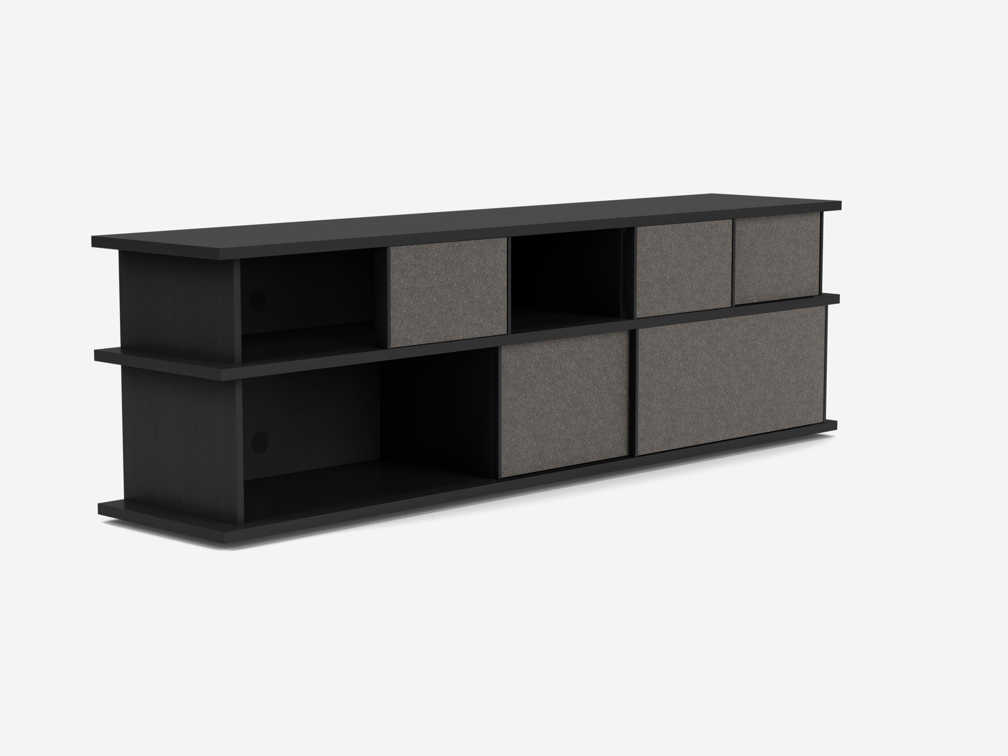 Corner view of the Plank tall modern media console in black oak with fabric panels