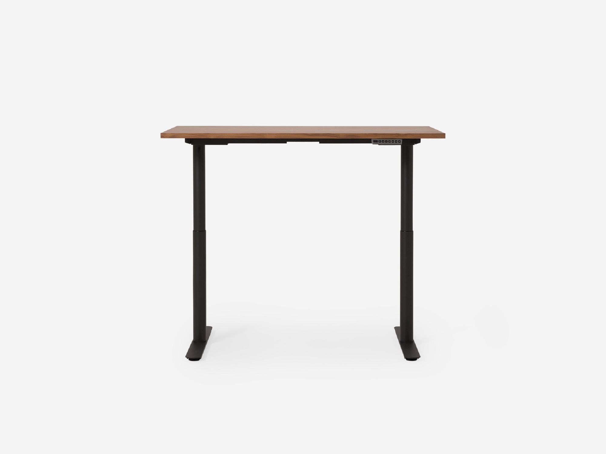 Walnut and charcoal standing desk in high position