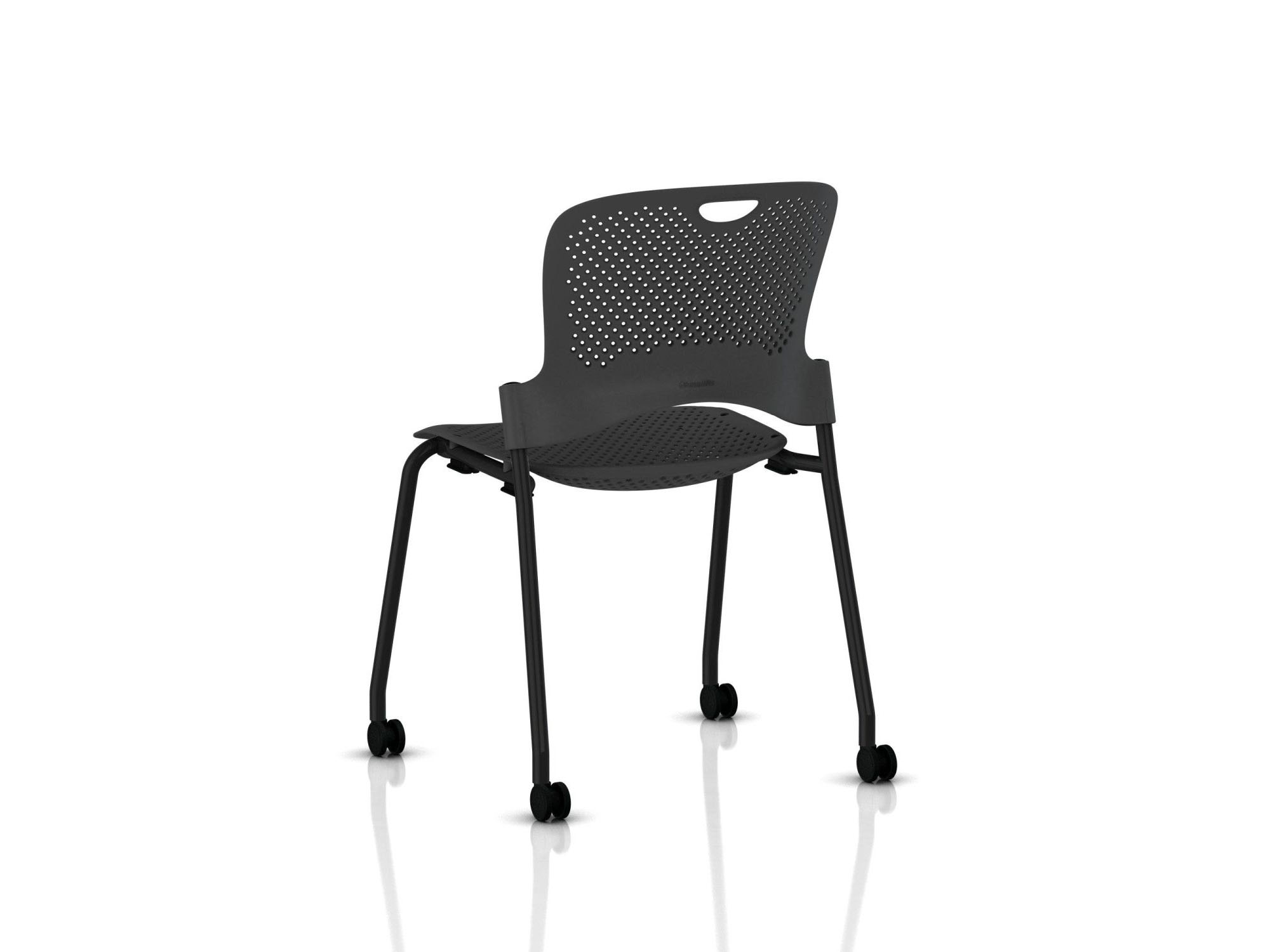 Grey stackable hard floor braking caster chair back angle view