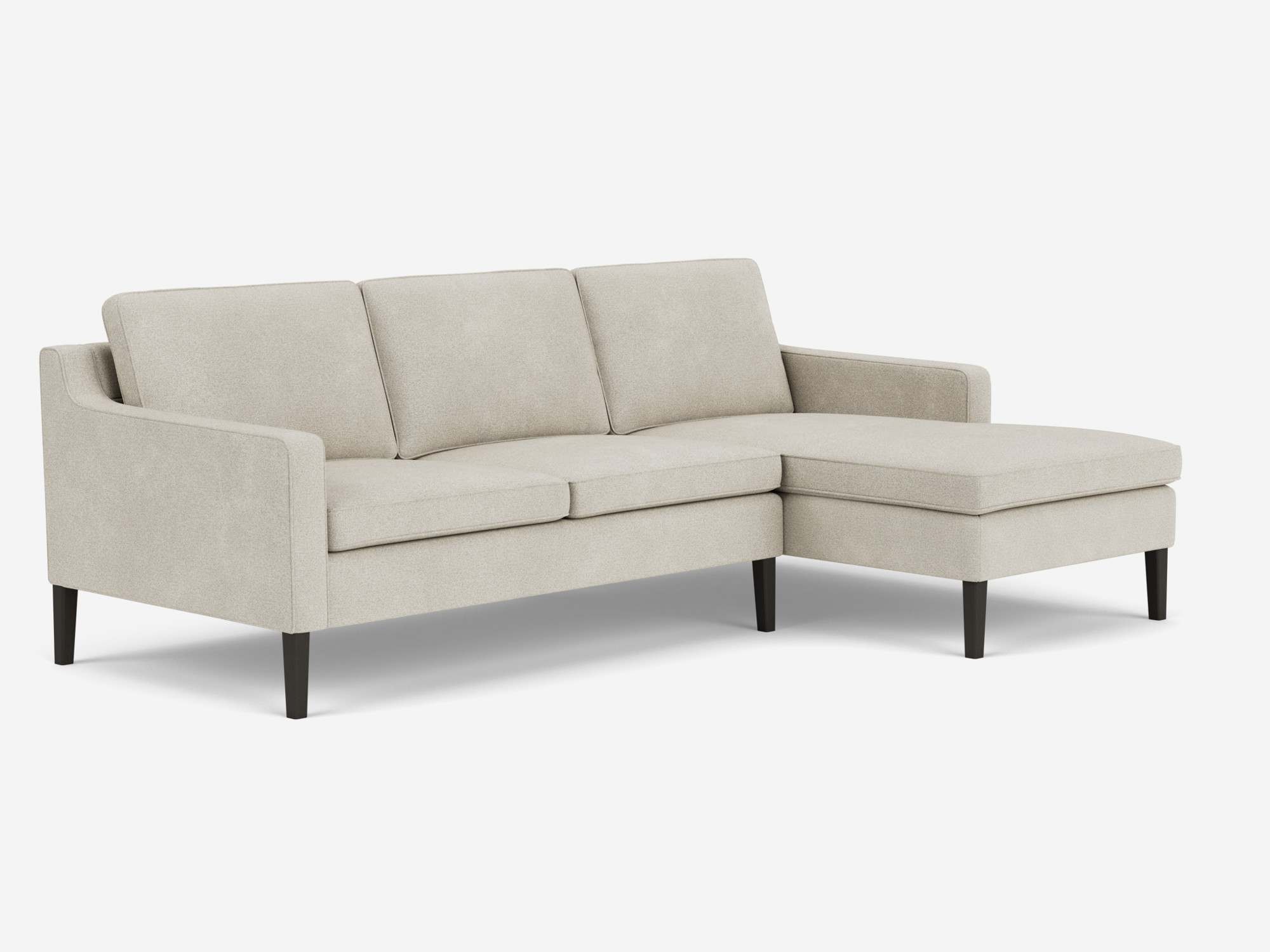 Front angled view of the Skye modern sectional sofa in grey fabric with right hand chaise