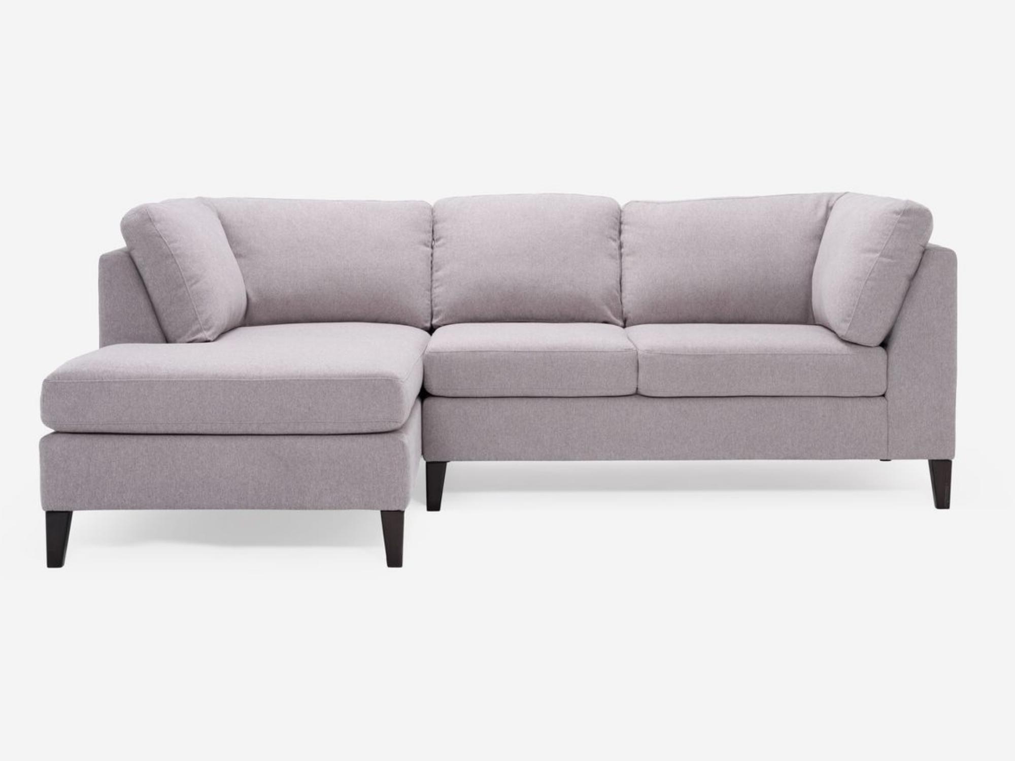 Front view of the Salema modern sectional couch in grey fabric with left hand chaise